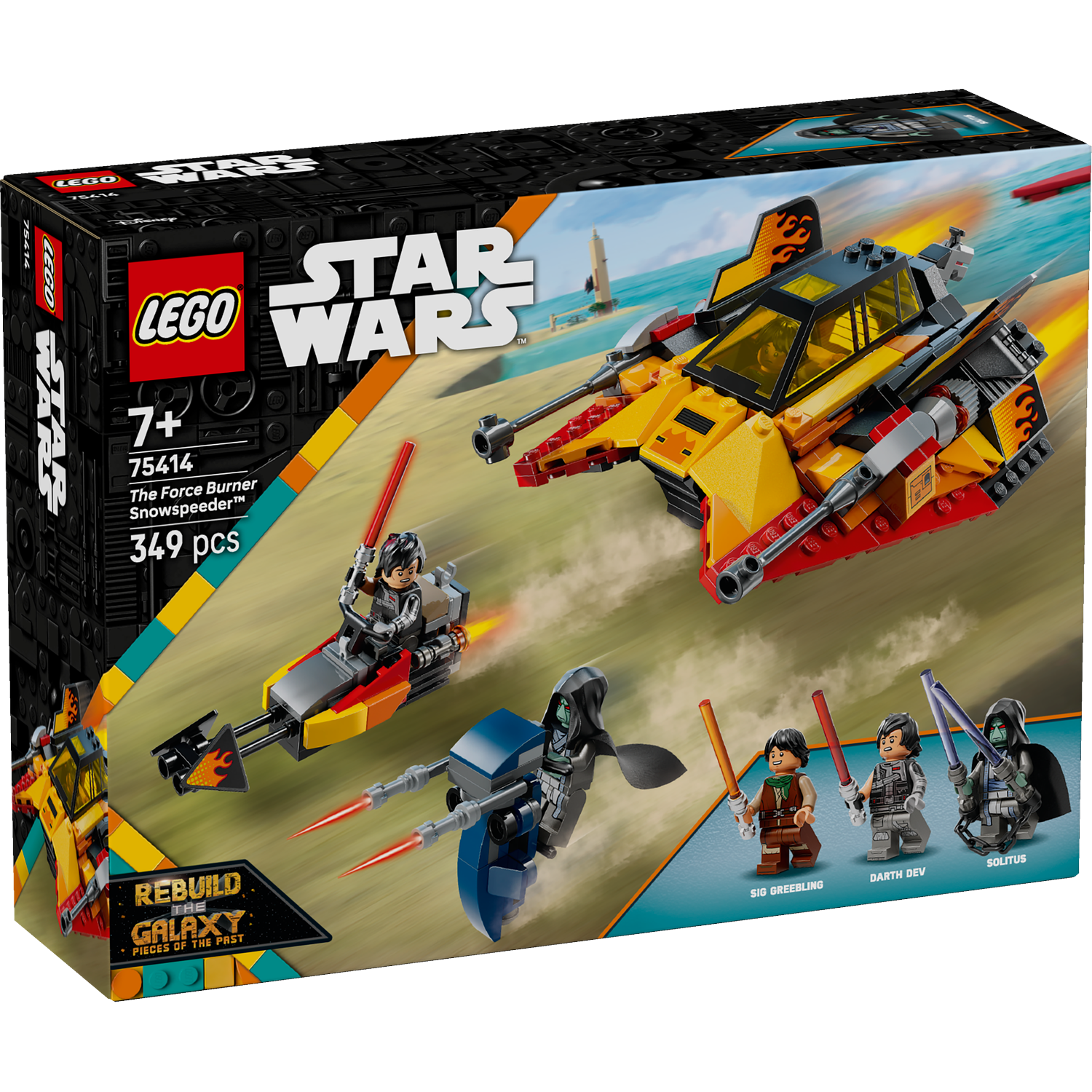 Lego Star Wars box set. Features a yellow and red starship, two speeders, and three Lego figures. The background shows a beach.