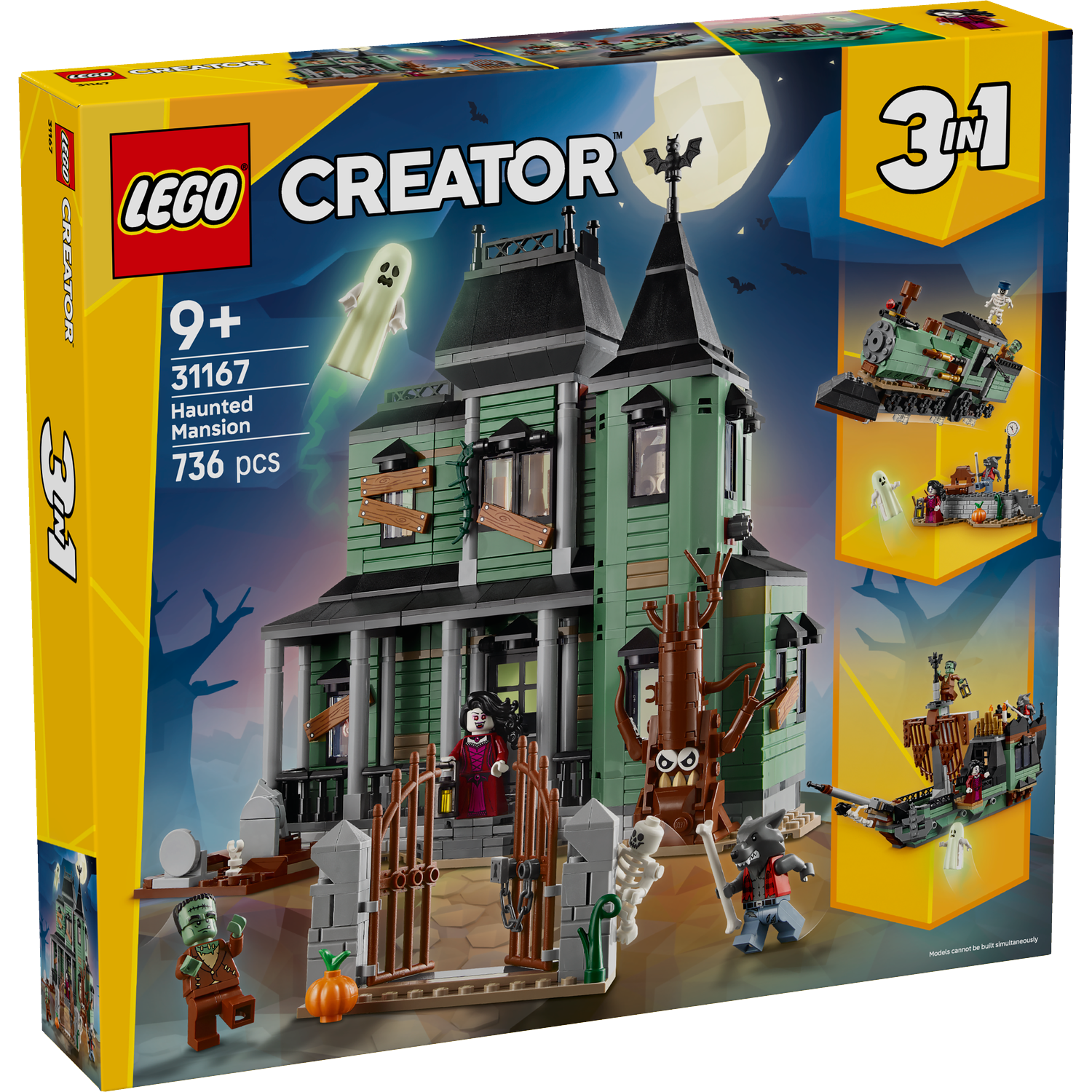Lego Creator Haunted Mansion set box. Green haunted house with ghost, characters, and train on the box. Full moon in background.