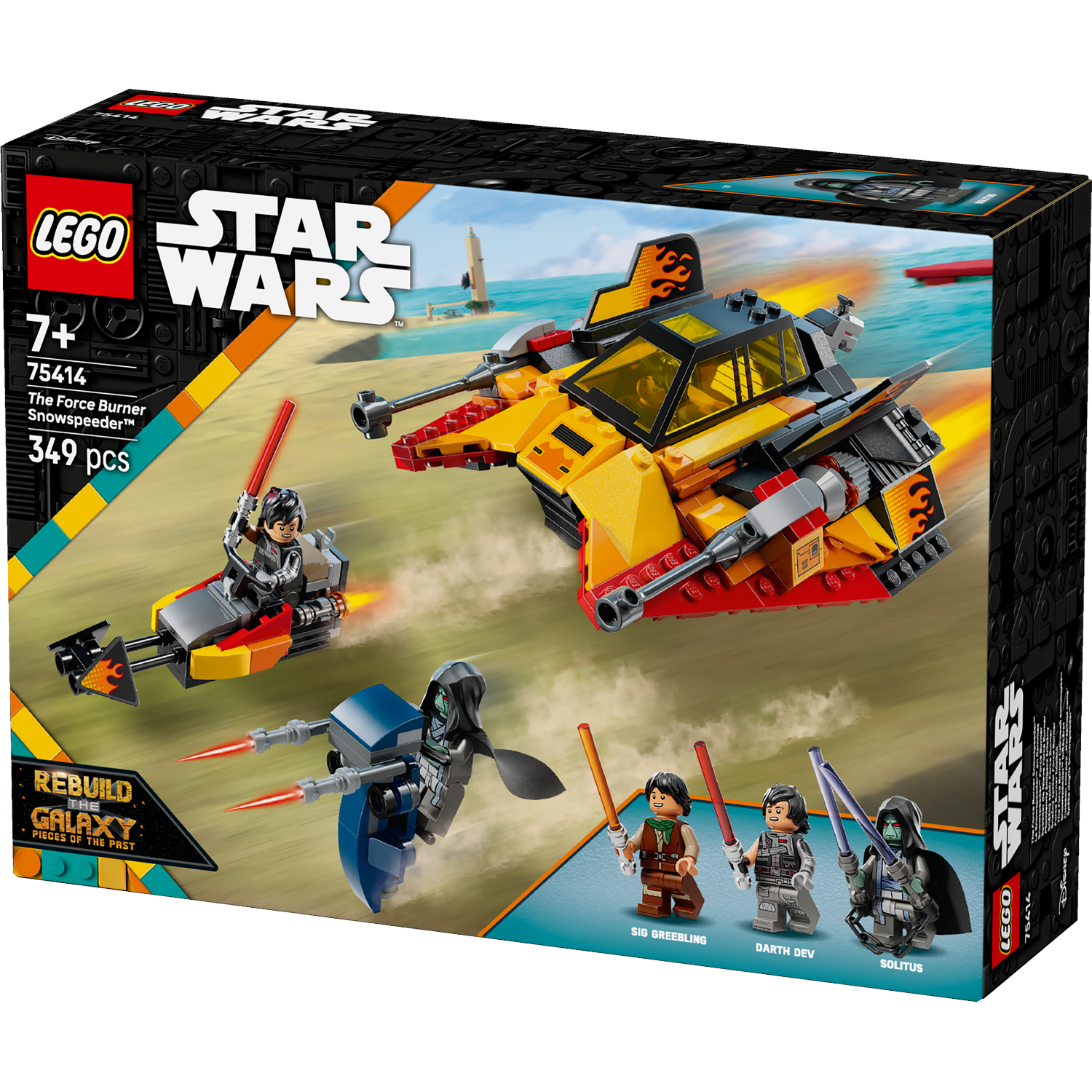 Lego Star Wars box set with a yellow and black spacecraft, two smaller speeders, and three mini figures.