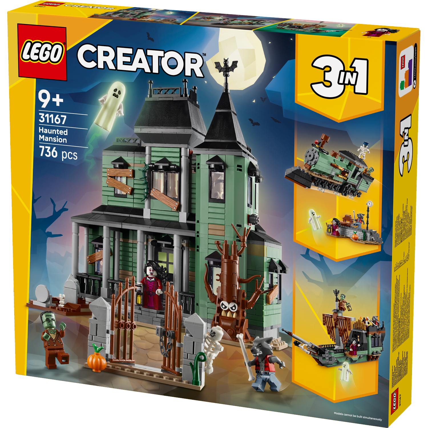 Lego Creator 3in1 set with a haunted mansion, figures like Frankenstein, and a werewolf, with a full moon in the background.