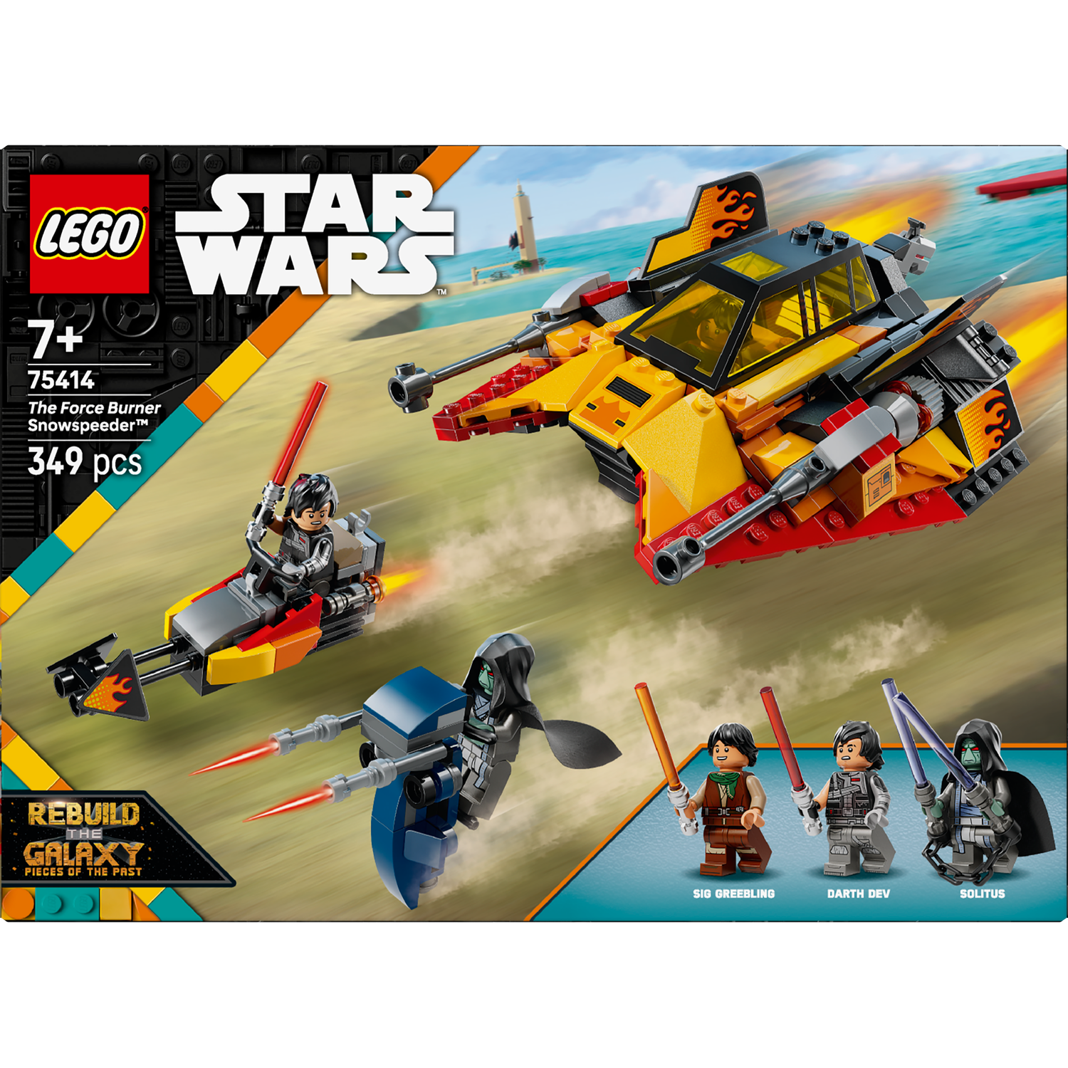 Lego Star Wars set. Shows a yellow and red ship, two smaller vehicles, and four minifigures with lightsabers. Box art.