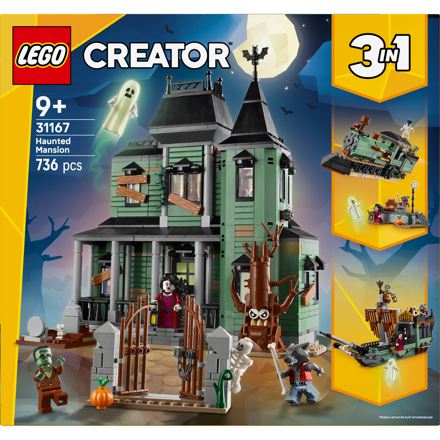 Lego Creator 3-in-1 set box. Haunted mansion with ghosts, monsters, and a full moon backdrop. Includes train and boat models.