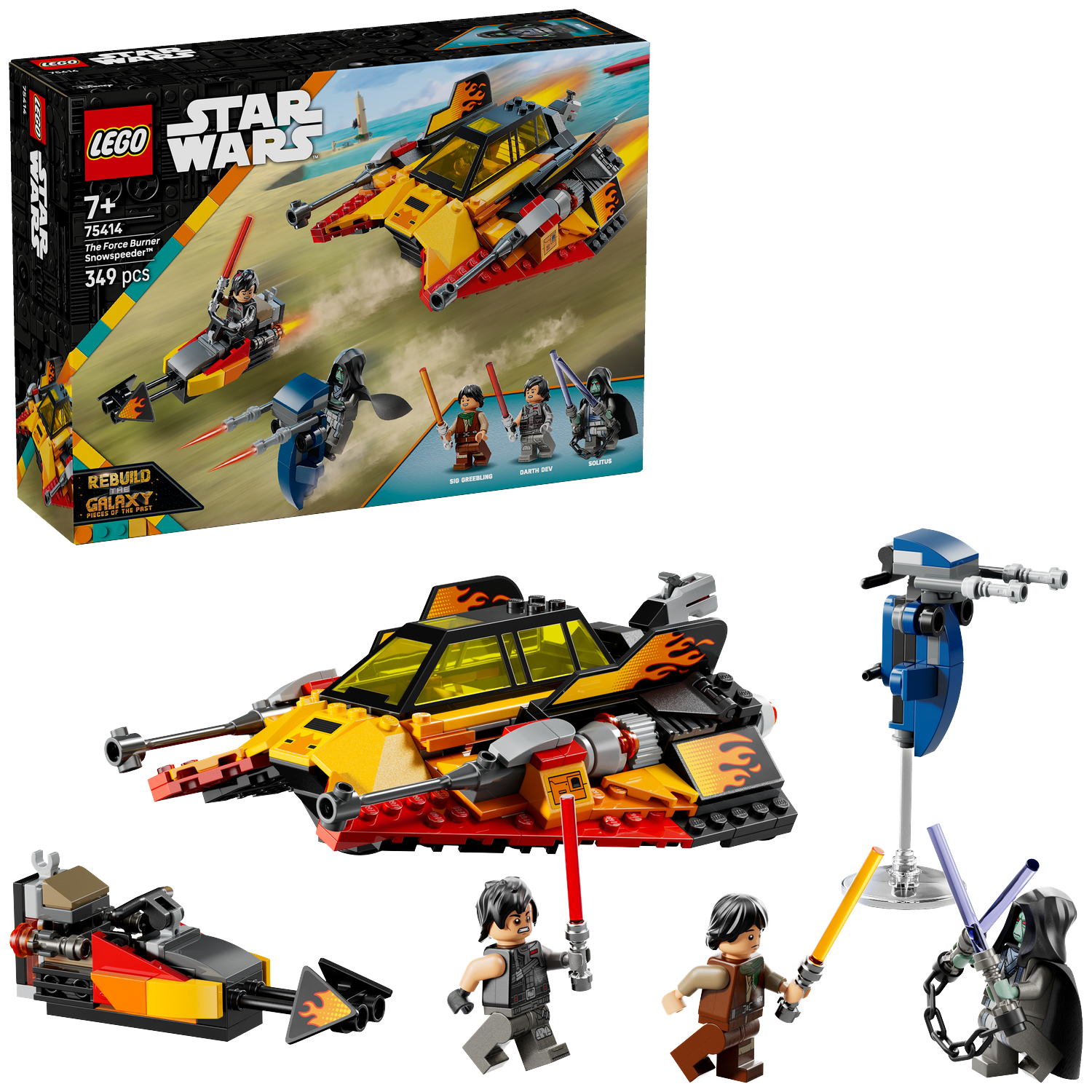 A Lego Star Wars set, featuring a yellow and red snowspeeder, minifigures with lightsabers, and a box with the set image.