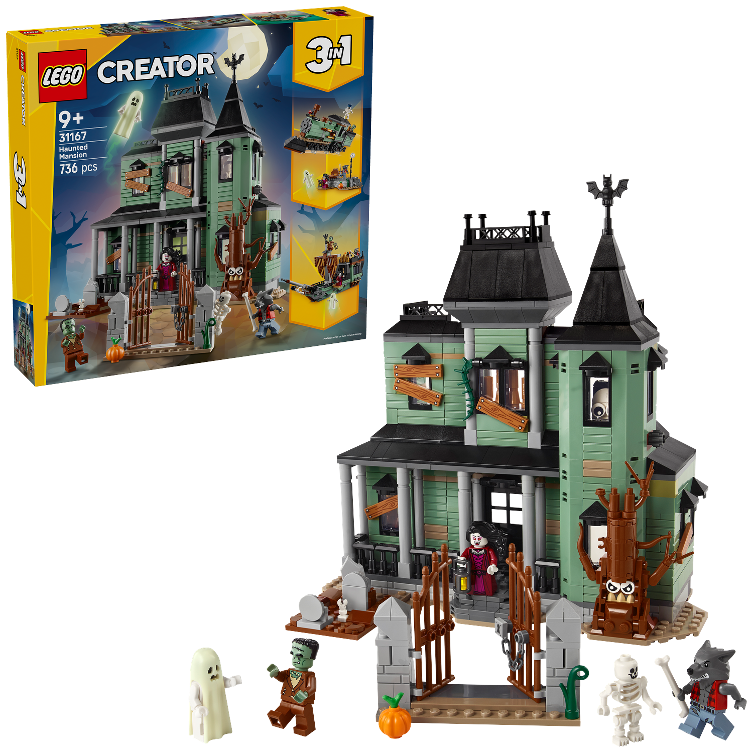 LEGO Creator Haunted Mansion set. Green mansion with black roof, figures include ghost, zombie, werewolf, and skeleton. Box art included.
