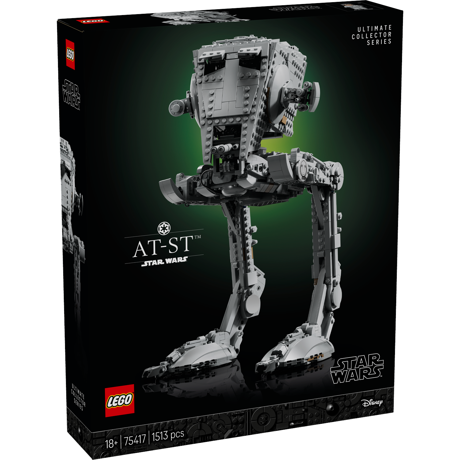 Een Lego Star Wars AT-ST set box. Het model is grijs, met een gedetailleerd ontwerp. De doos is zwart met de Lego en Star Wars logo's.
