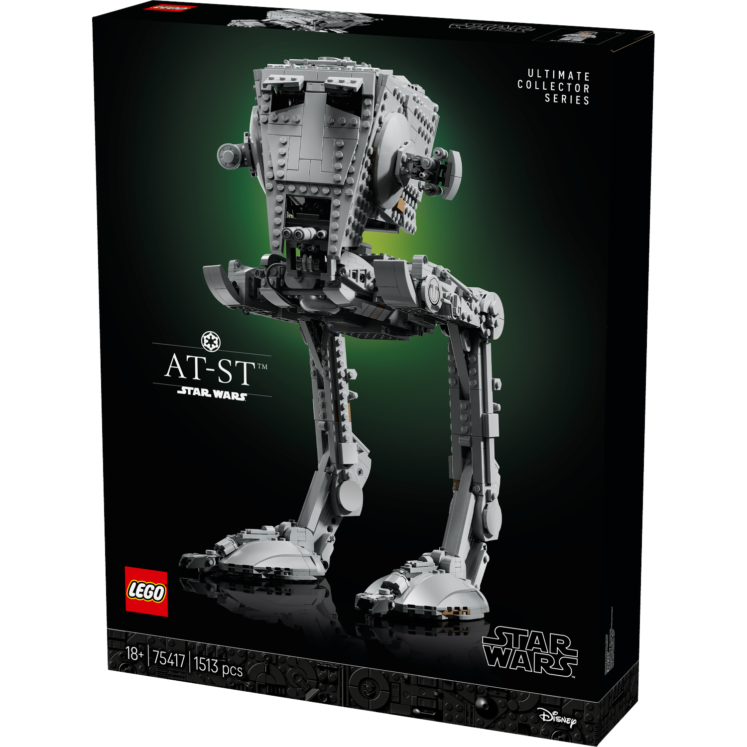 Een Lego-doos met een AT-ST-loper uit Star Wars. De doos is zwart met de loper in het midden en de Lego- en Star Wars-logo's.