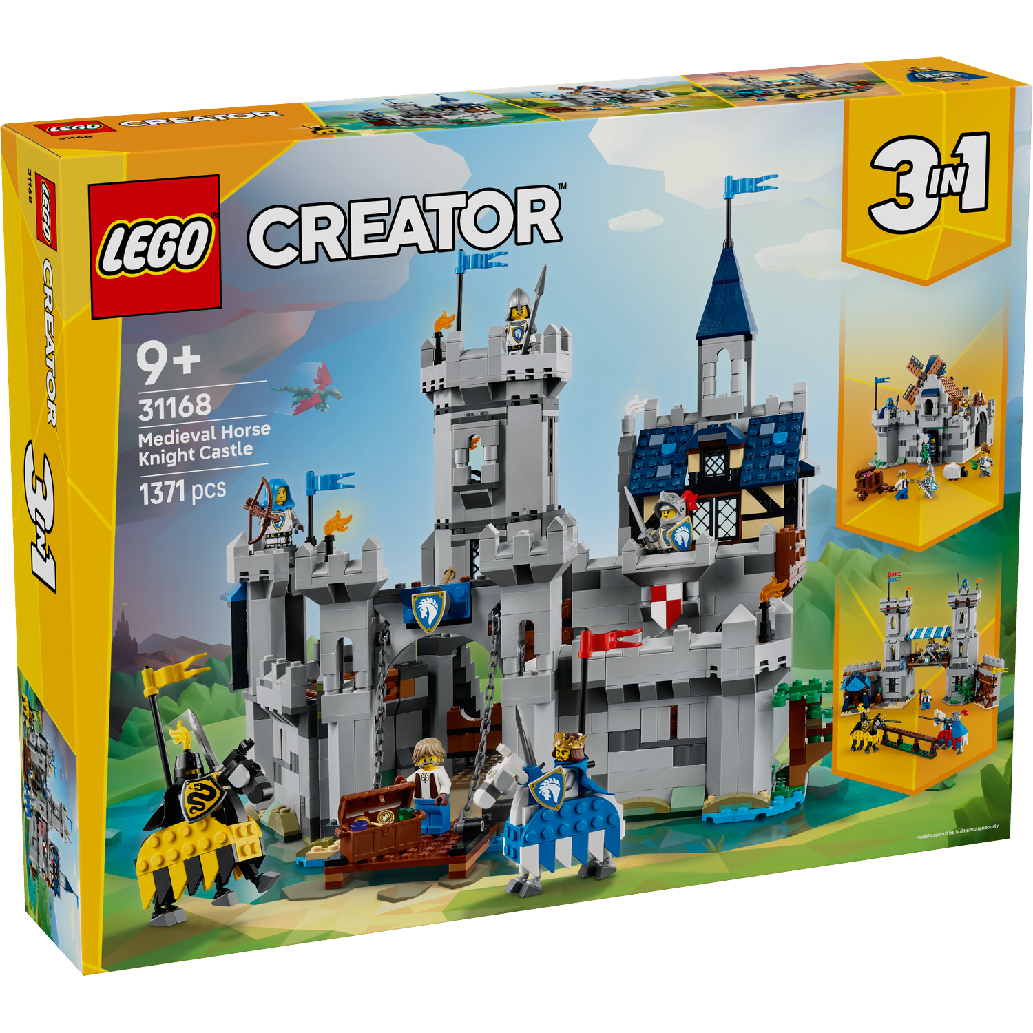 LEGO Creator-boxset met een middeleeuws kasteel met ridders te paard, een draak en extra bouwmogelijkheden.