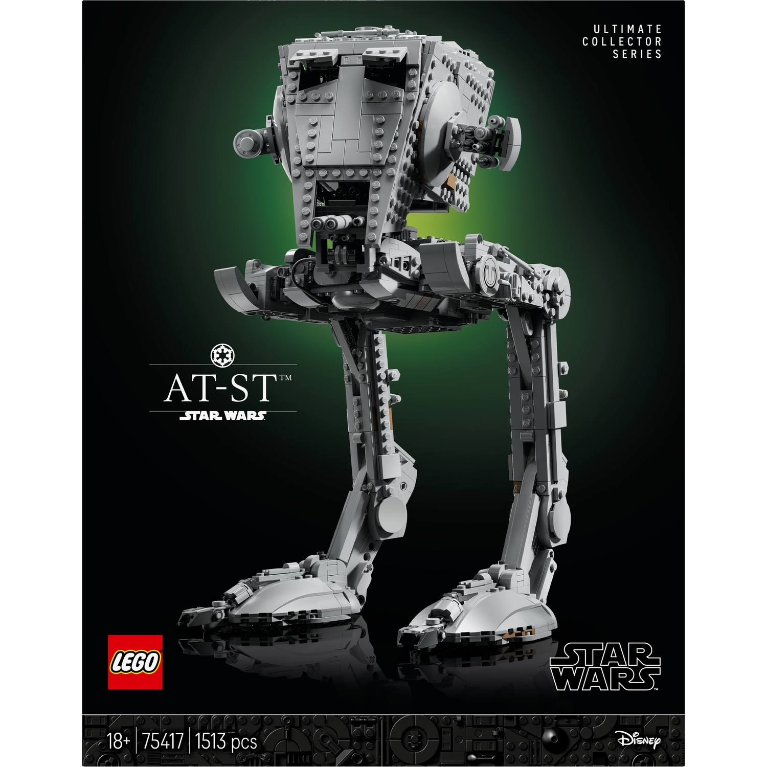 Een Lego AT-ST model van Star Wars. Het is grijs, met gedetailleerde poten en kop, tegen een donkergroene achtergrond. De Lego en Star Wars logo's zijn zichtbaar.