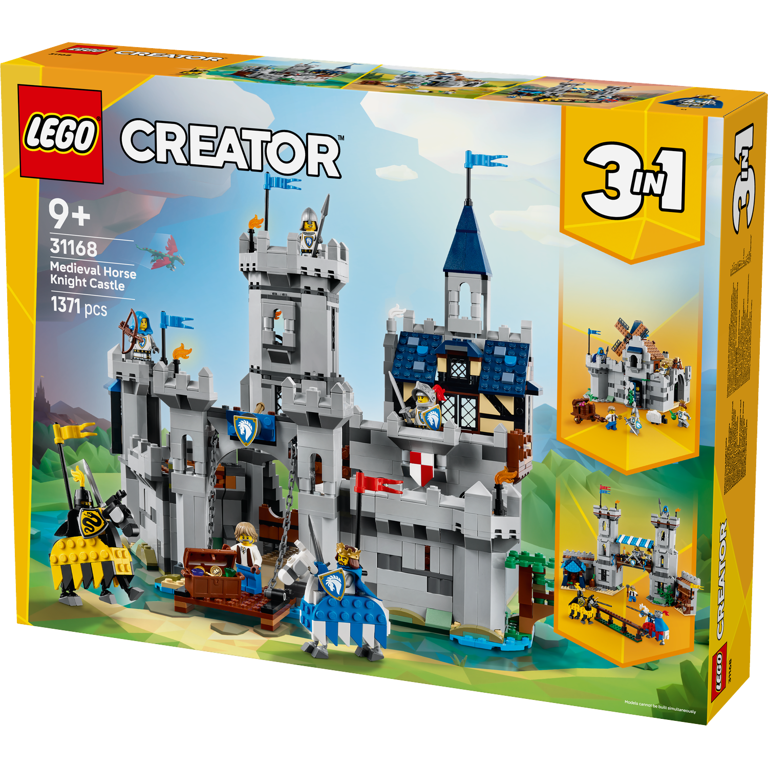 Lego Creator doos, Middeleeuwse Paarden Ridder Kasteel set. Grijs kasteel met ridders, paarden en vlaggen. 3-in-1 set.
