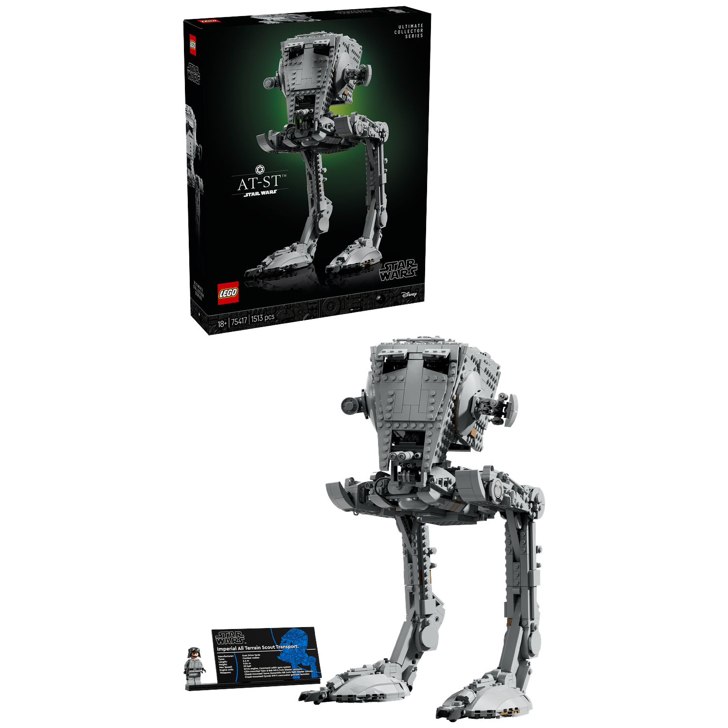 Een Lego AT-ST model van Star Wars. Een zwarte doos op de achtergrond en het geassembleerde model op de voorgrond, met een kaart en figuur.