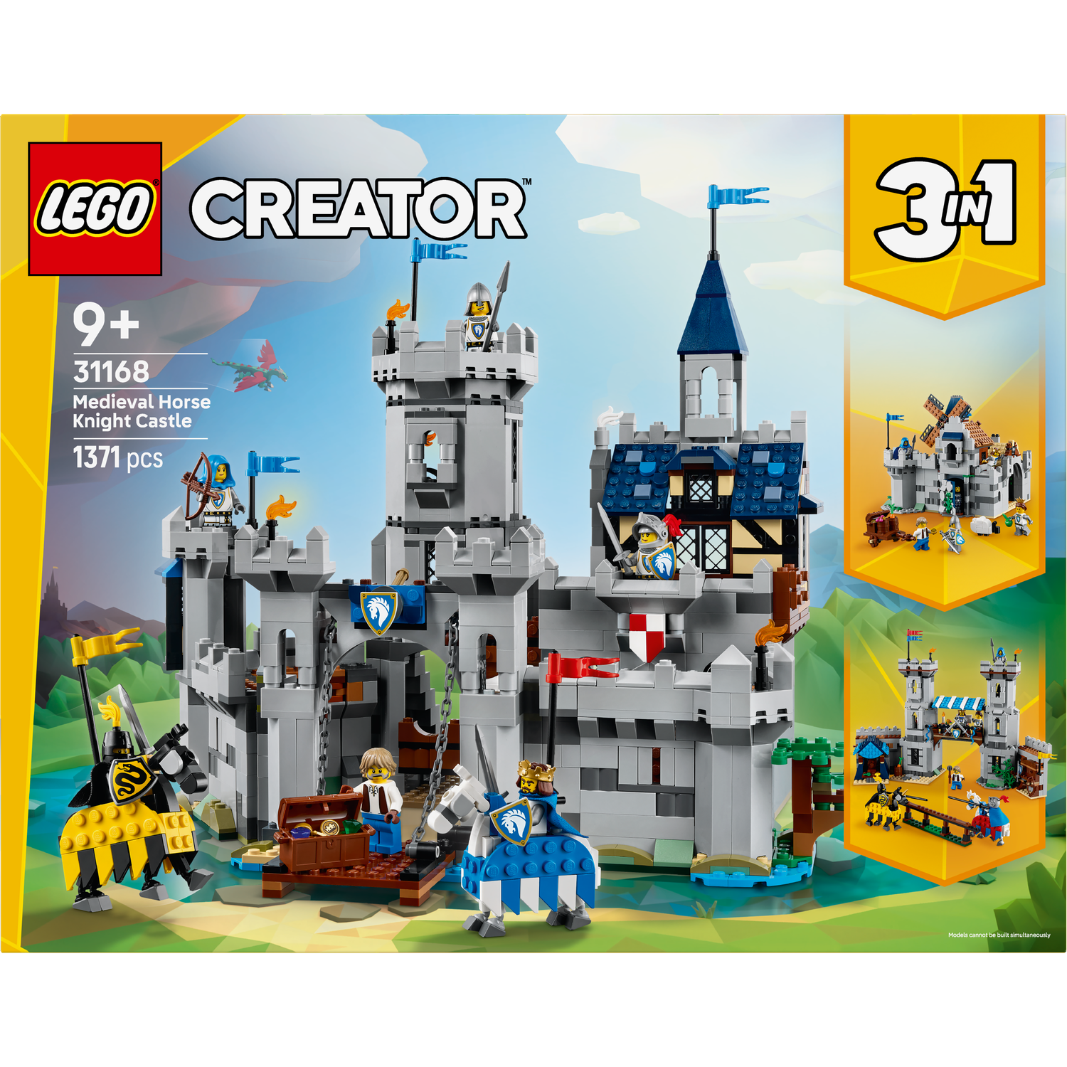 Lego Creator set. Middeleeuws paard ridder kasteel. Een kasteel met ridders, paarden, vlaggen en een schatkist. Inclusief 3-in-1 opties.