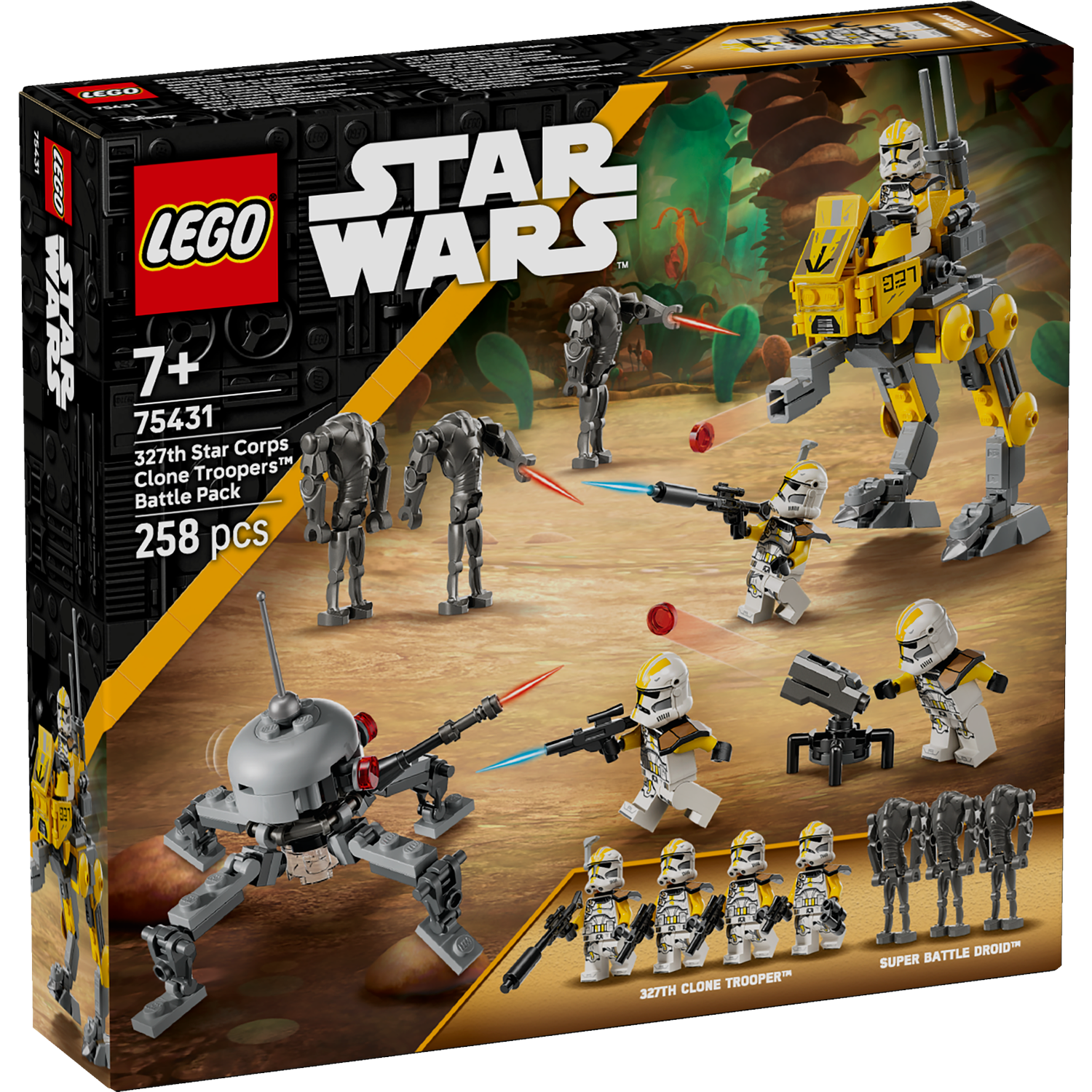 Lego Star Wars battle pack box with clone troopers, droids, and vehicles. Set is yellow, gray, and white.