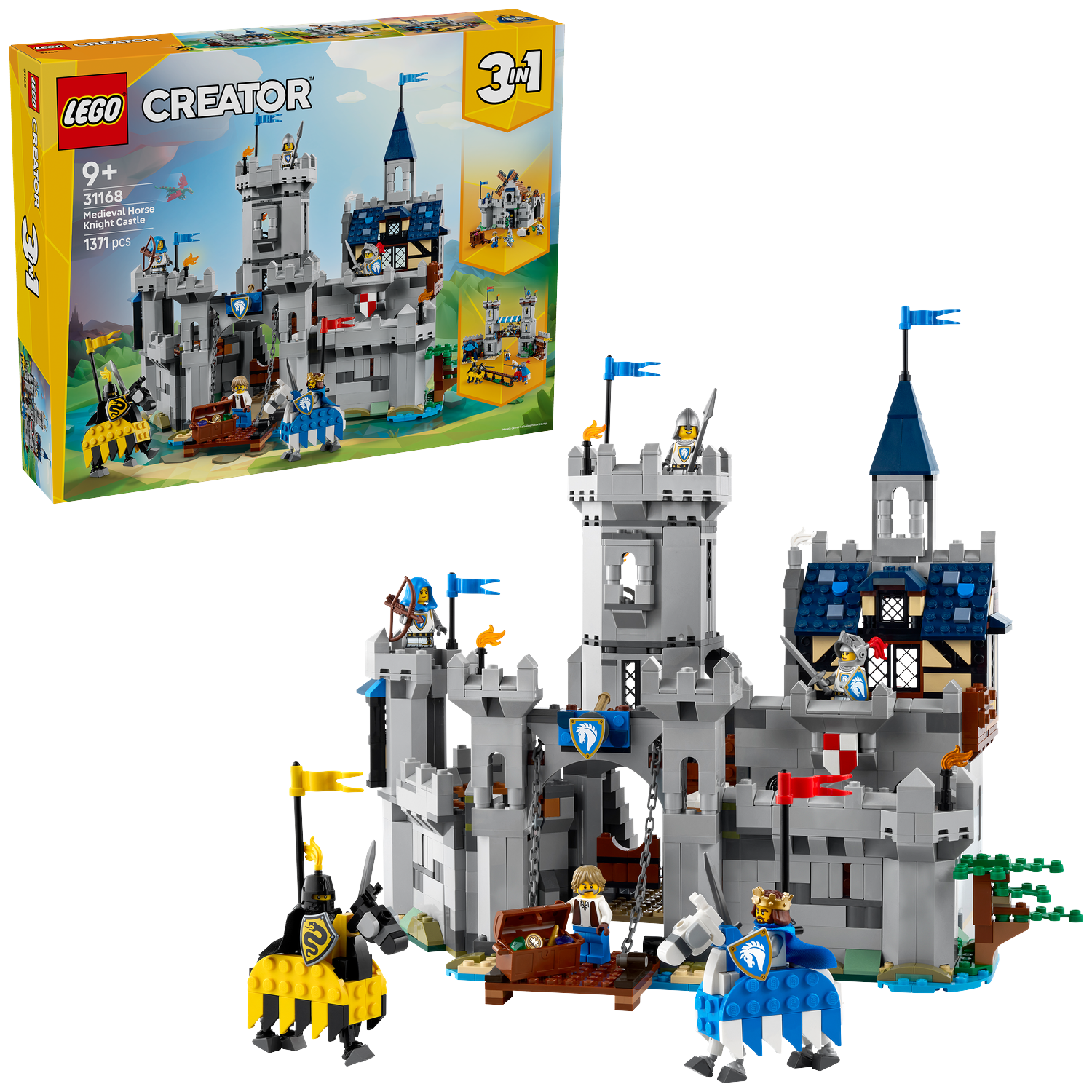 Een Lego-set met een middeleeuws kasteel en ridders te paard. Het kasteel is grijs, met blauwe en gele accenten.