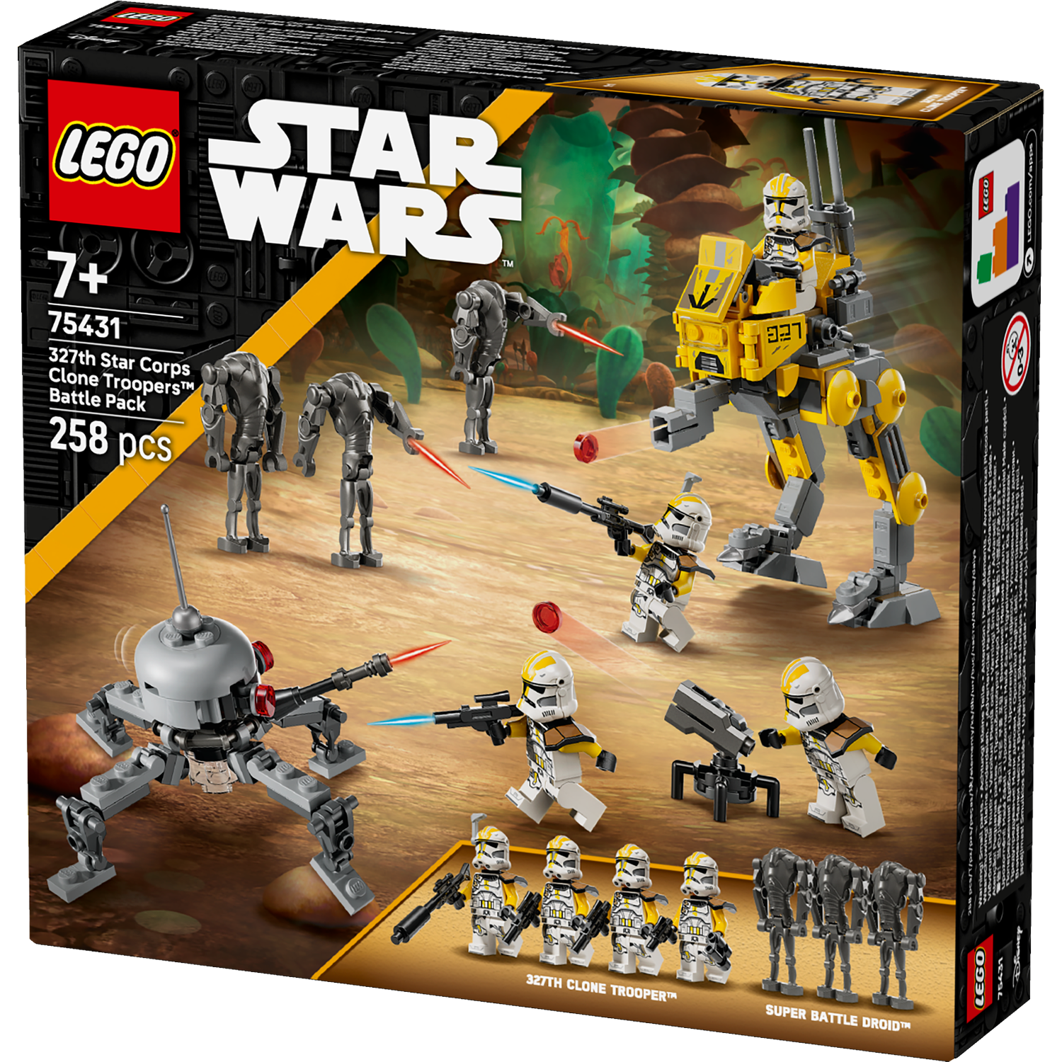 Lego Star Wars box set. Features clone troopers, battle droids, and a walker on a sandy background.