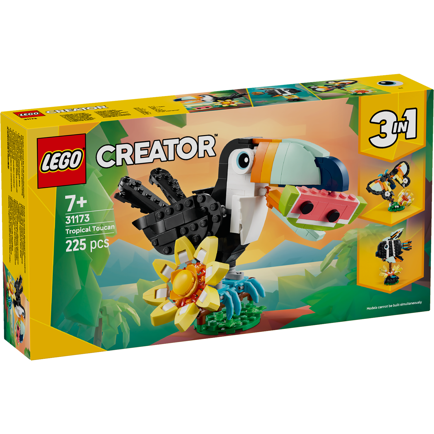 A Lego Creator box shows a toucan made of blocks. The box is yellow and green, with illustrations of other models.