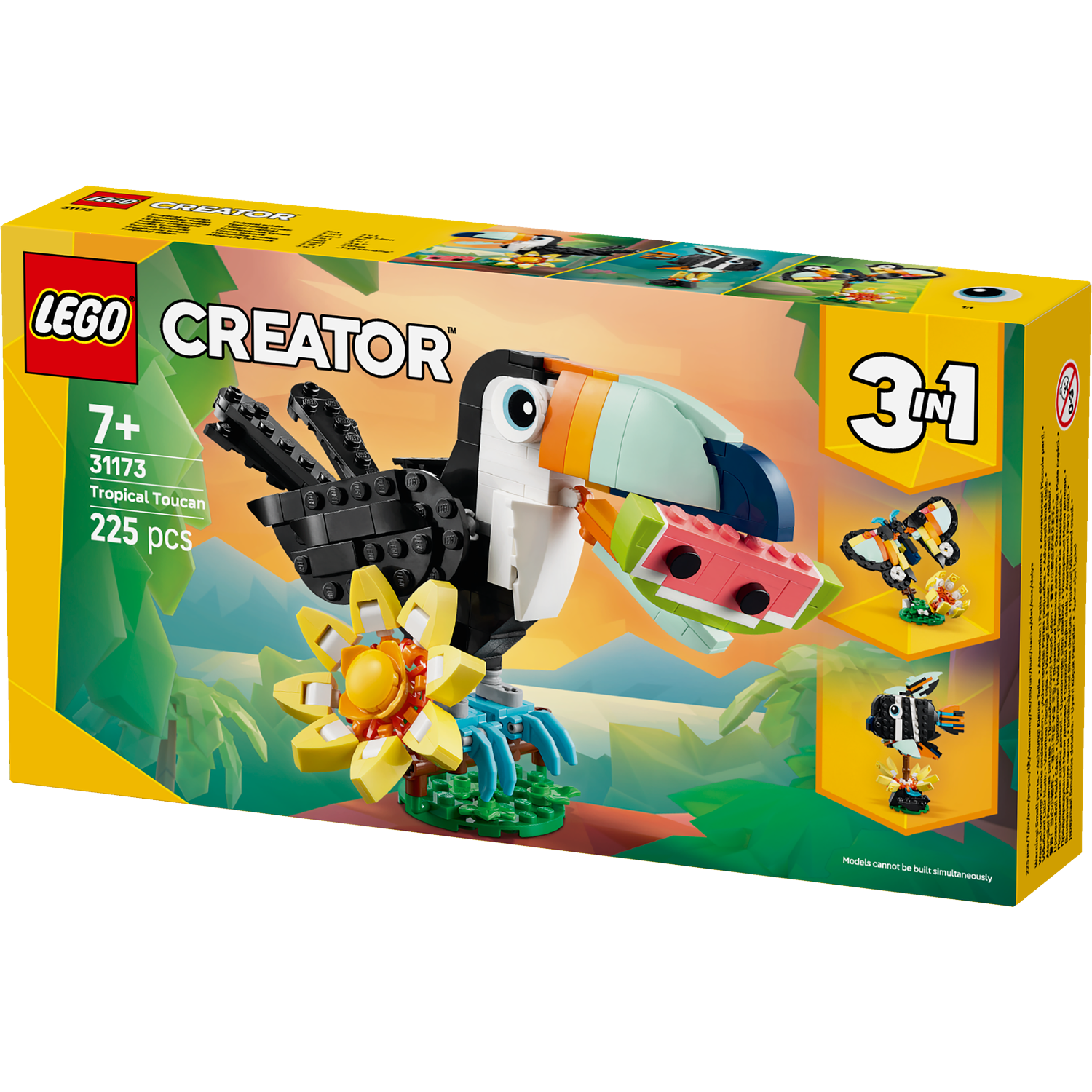 LEGO Creator box. A toucan made of LEGO bricks, holding a watermelon. Yellow and green background with a 3-in-1 design.