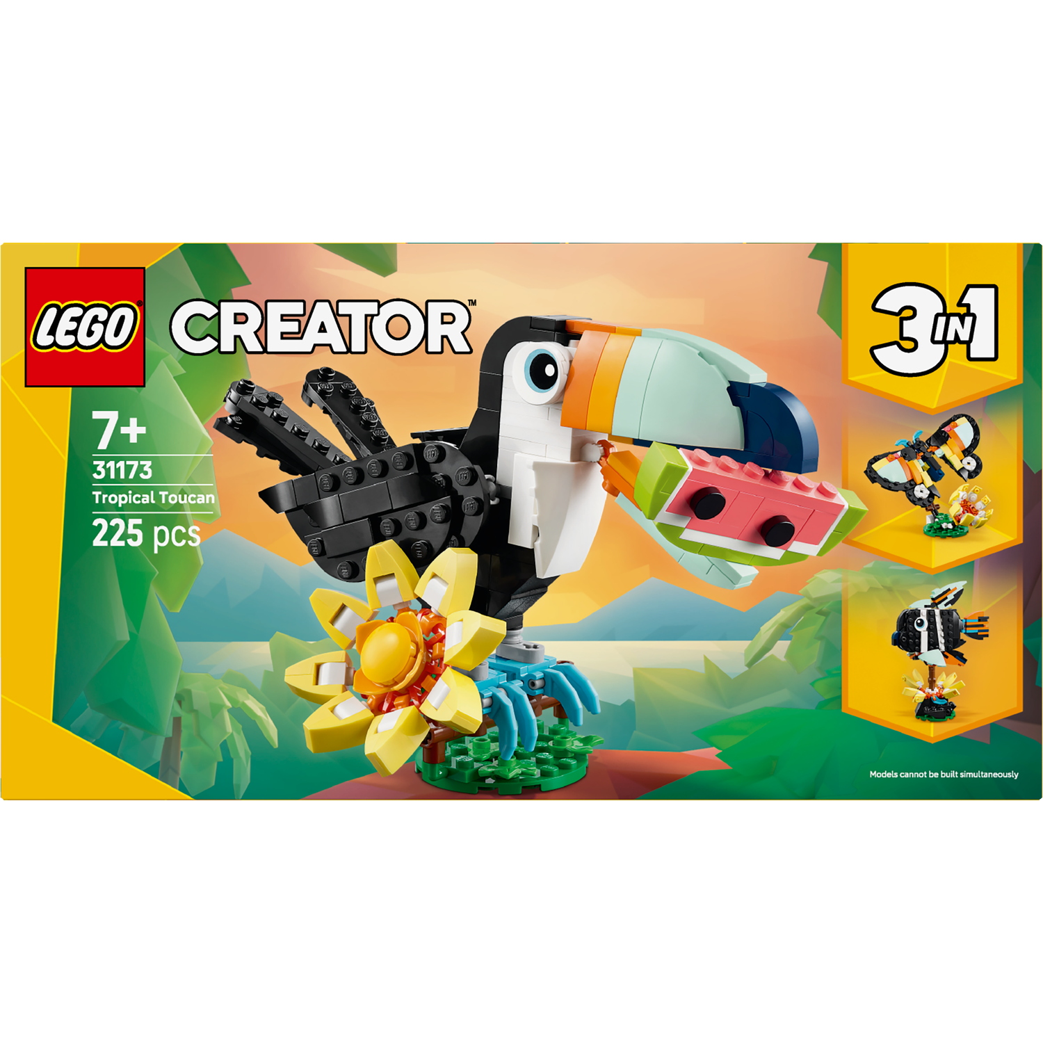 LEGO Creator set featuring a toucan, a flower, and two other builds. The toucan holds watermelon. Set includes 225 pieces.