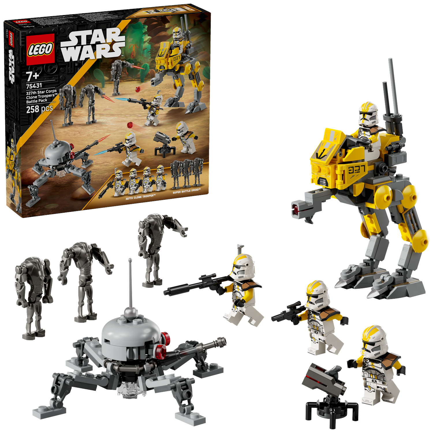 Lego Star Wars set. Includes clone troopers, battle droids, and vehicles. Box art and individual components are shown.
