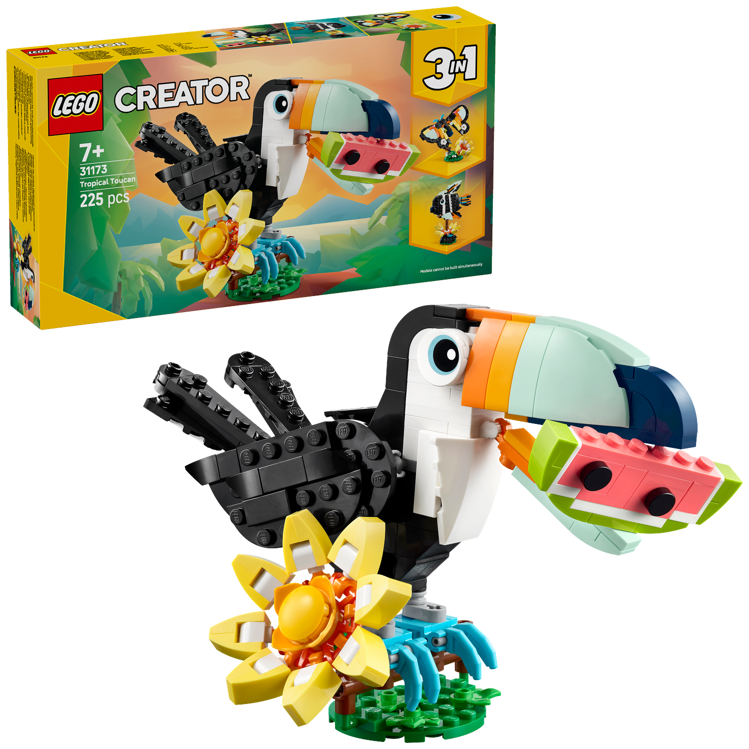 A LEGO Creator set featuring a toucan holding a watermelon slice, perched on a flower.