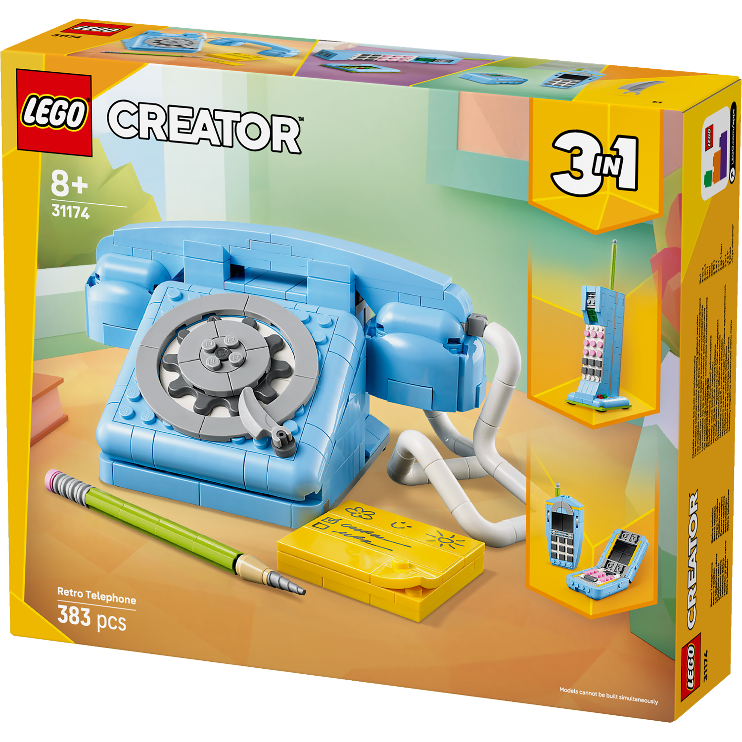 A Lego Creator set. It shows a blue retro telephone and two other phone models. A pencil and yellow notepad are also present.