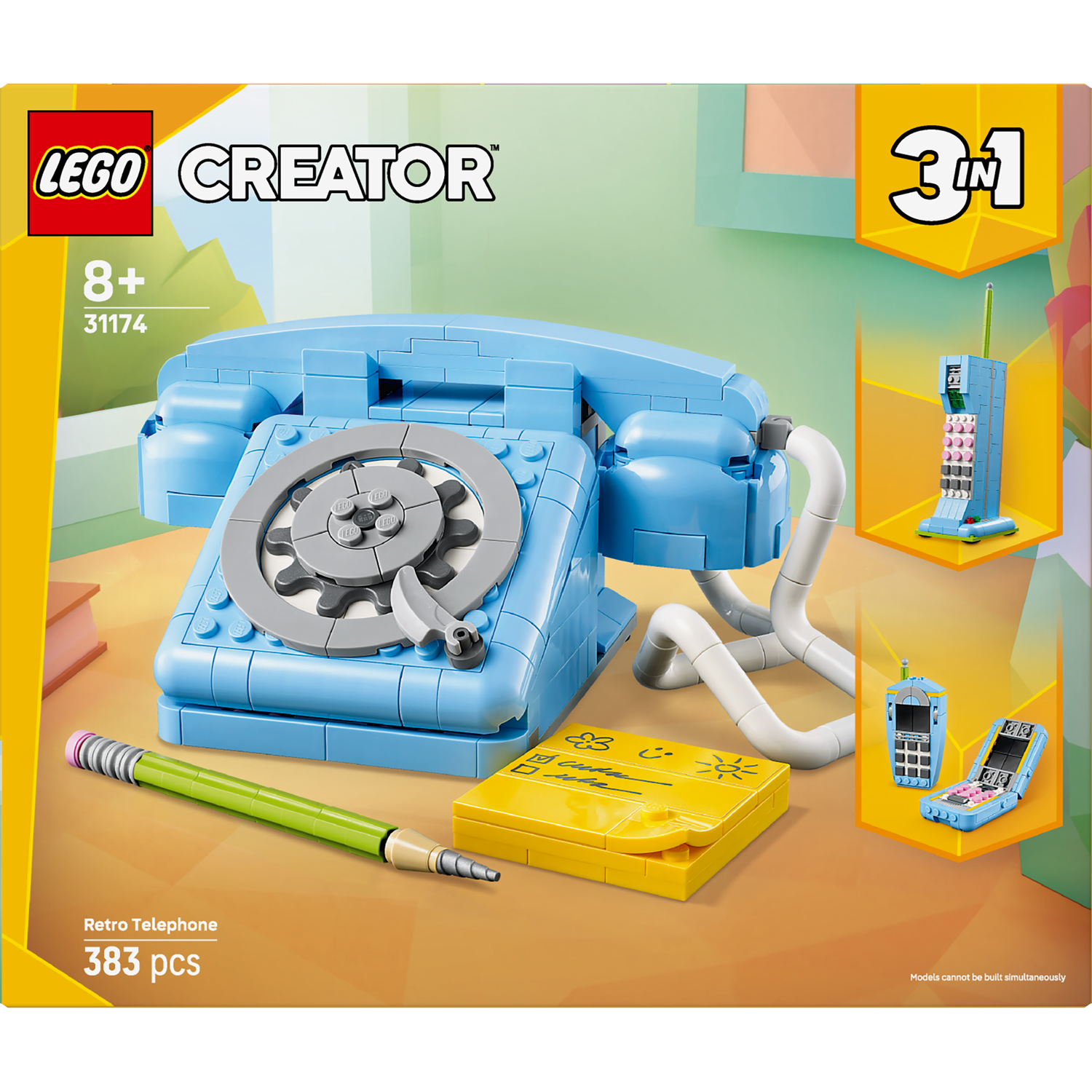 A Lego Creator set. A blue retro telephone, two cellphones, and a yellow notepad, and a green pencil. The set is 383 pcs.