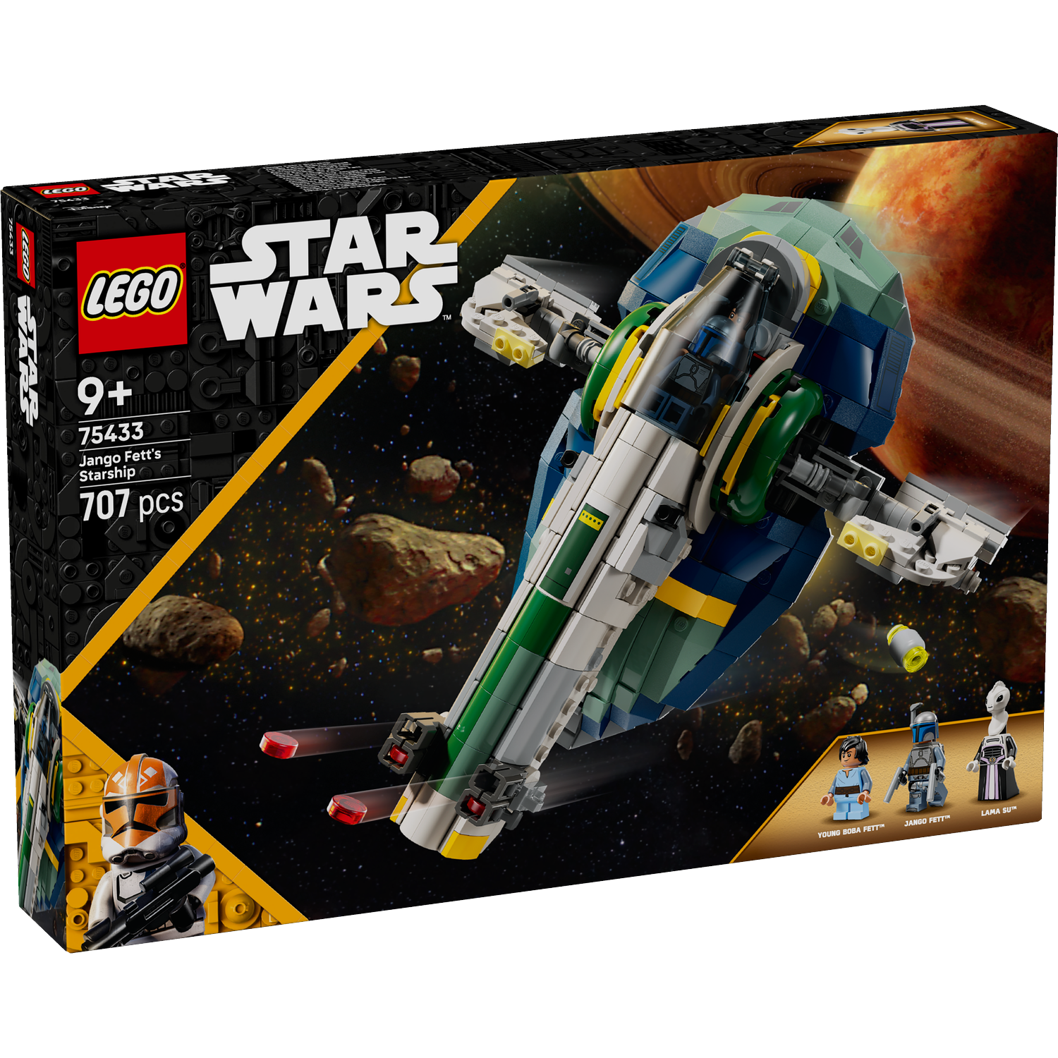Lego Star Wars box. The image shows Jango Fett's Starship in space, with planets and rocks. Includes Lego figures of Young Boba Fett, Jango Fett, and Lama Su.