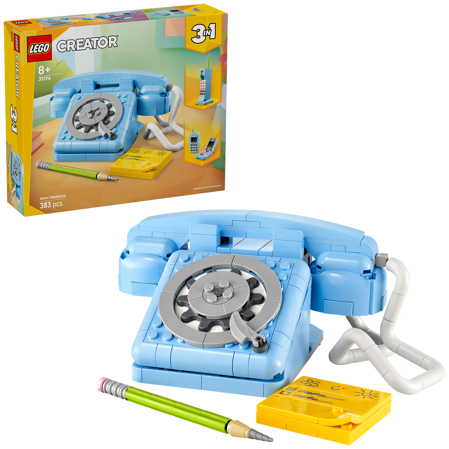 A blue Lego retro telephone set with a pencil and notepad. A box shows the telephone and two smaller phone models.