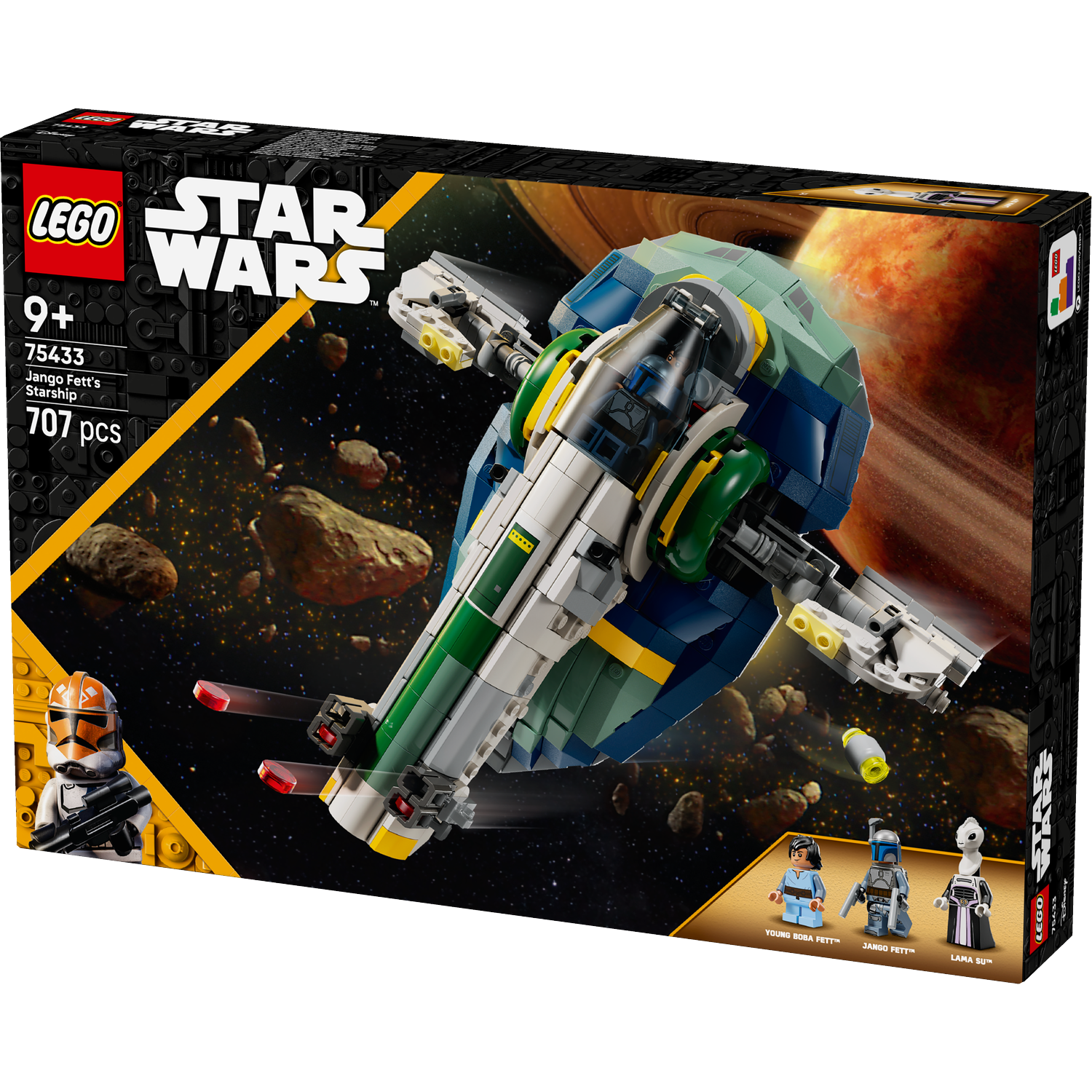 Lego Star Wars box set. The box shows a Lego starship with a space background and three mini-figures at the bottom.