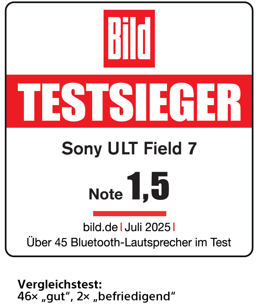 Bild-Logo, Titel 'TESTSIEGER', Produkt 'Sony ULT Field 7' und Note 1,5. Enthält Testdetails und Vergleich.