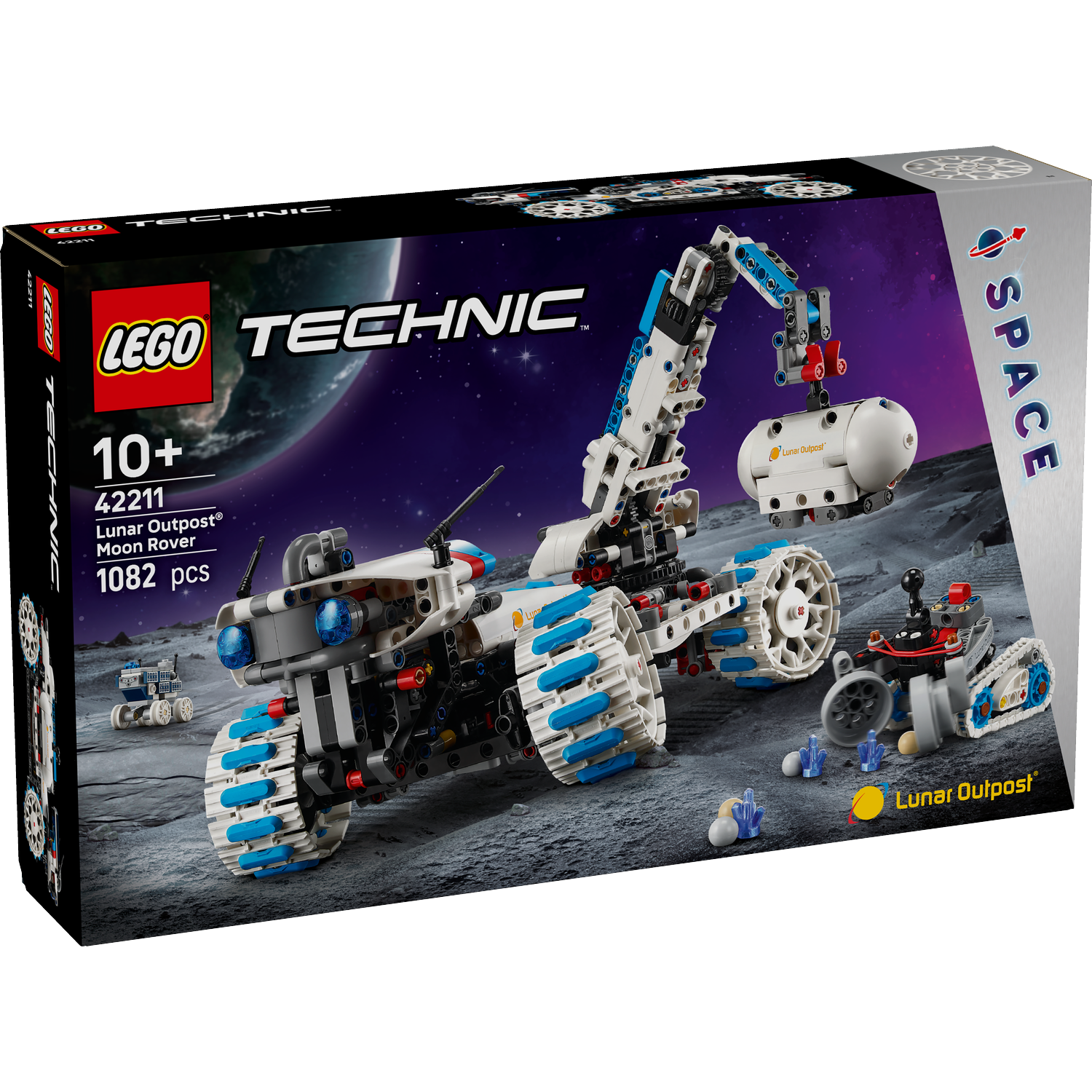 Lego Technic Lunar Outpost Moon Rover box. It shows a Lego model of a lunar rover, a crane, and other lunar vehicles.