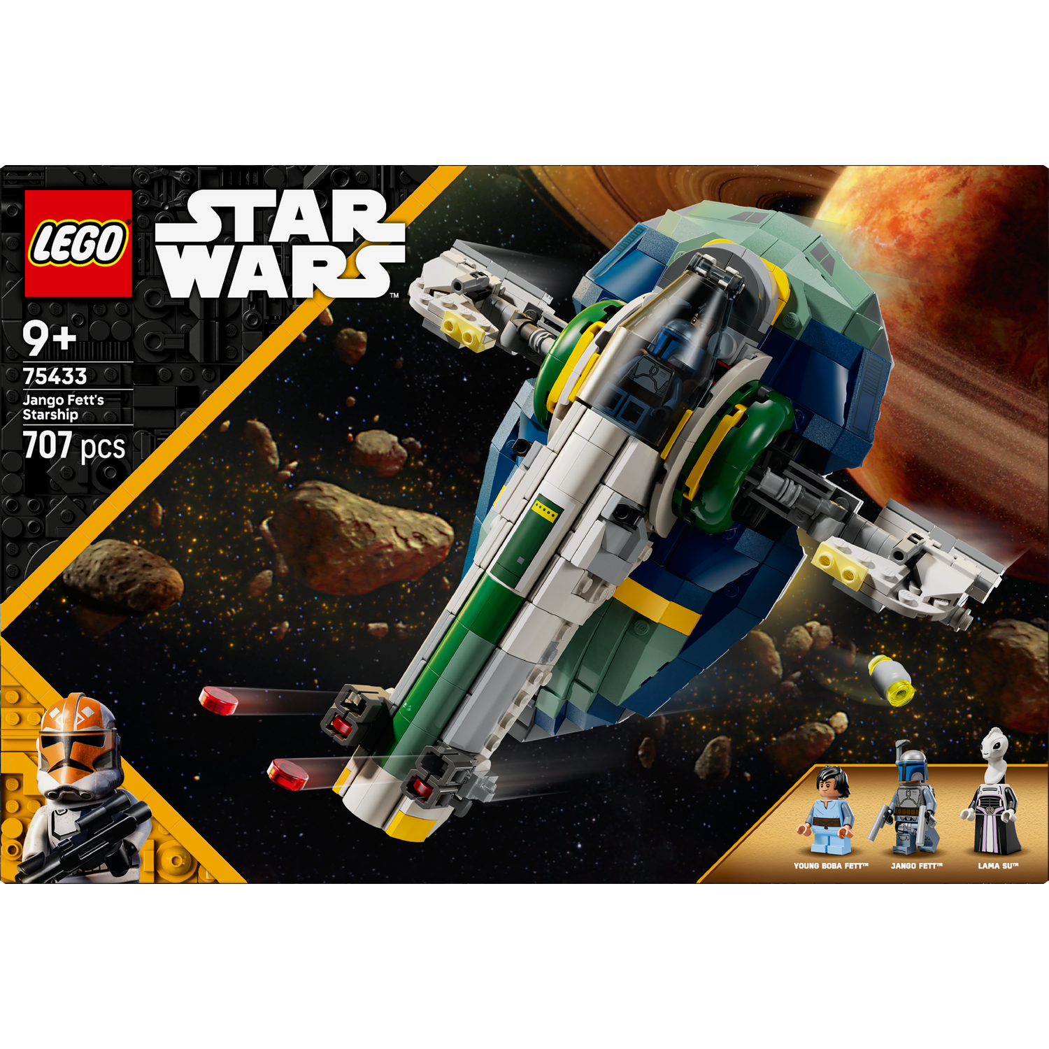 Lego Star Wars set, Jango Fett's Starship. The ship is in space, with planets in the background. Includes Lego figures. 