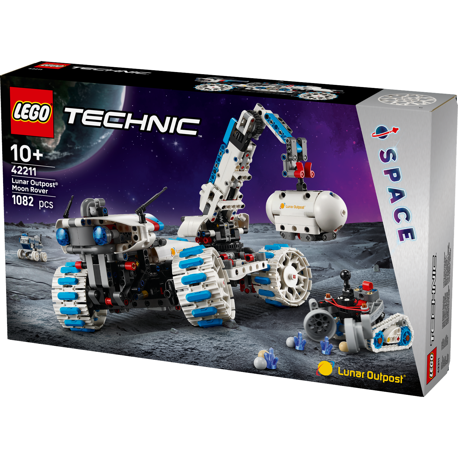 Lego Technic Lunar Outpost Moon Rover box. It shows the rover on a lunar surface with other space-themed Lego vehicles.
