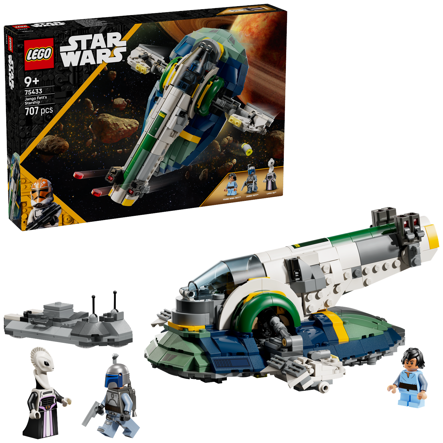 A Lego Star Wars set box and ship model. The box shows the ship in space. The model includes minifigures and a small vehicle.