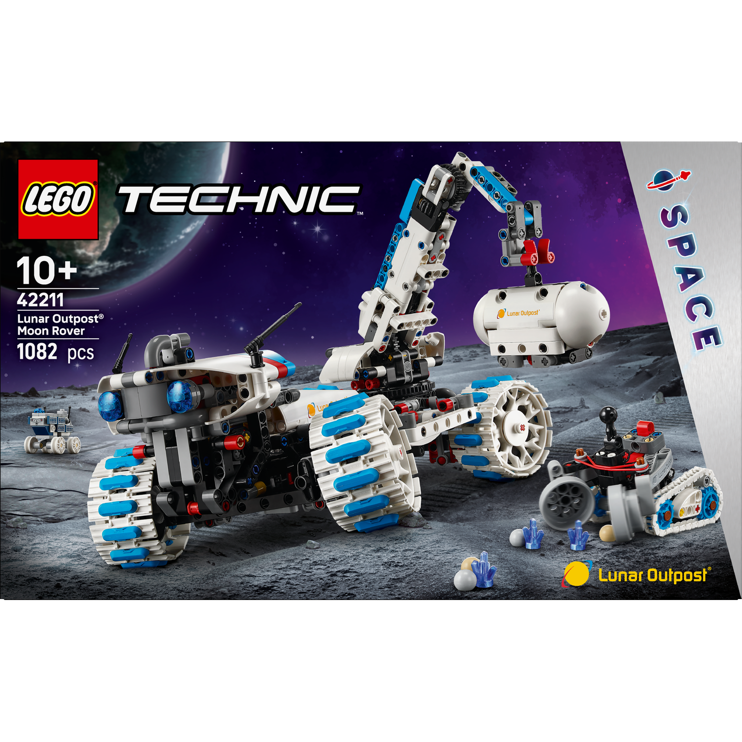 Lego Technic Lunar Outpost Moon Rover set. White and blue rover with crane arm, small rover and a lunar landscape backdrop.