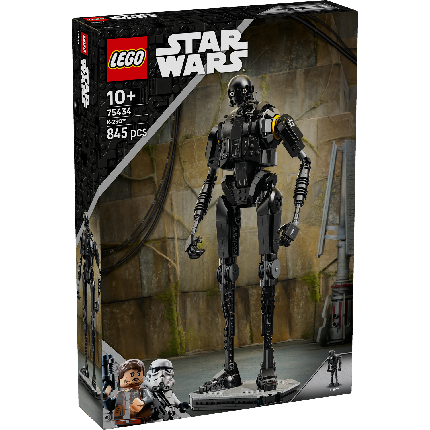 A Lego Star Wars box set featuring K-2SO, a black droid, with a background of a stone wall. The box also shows Lego figures.