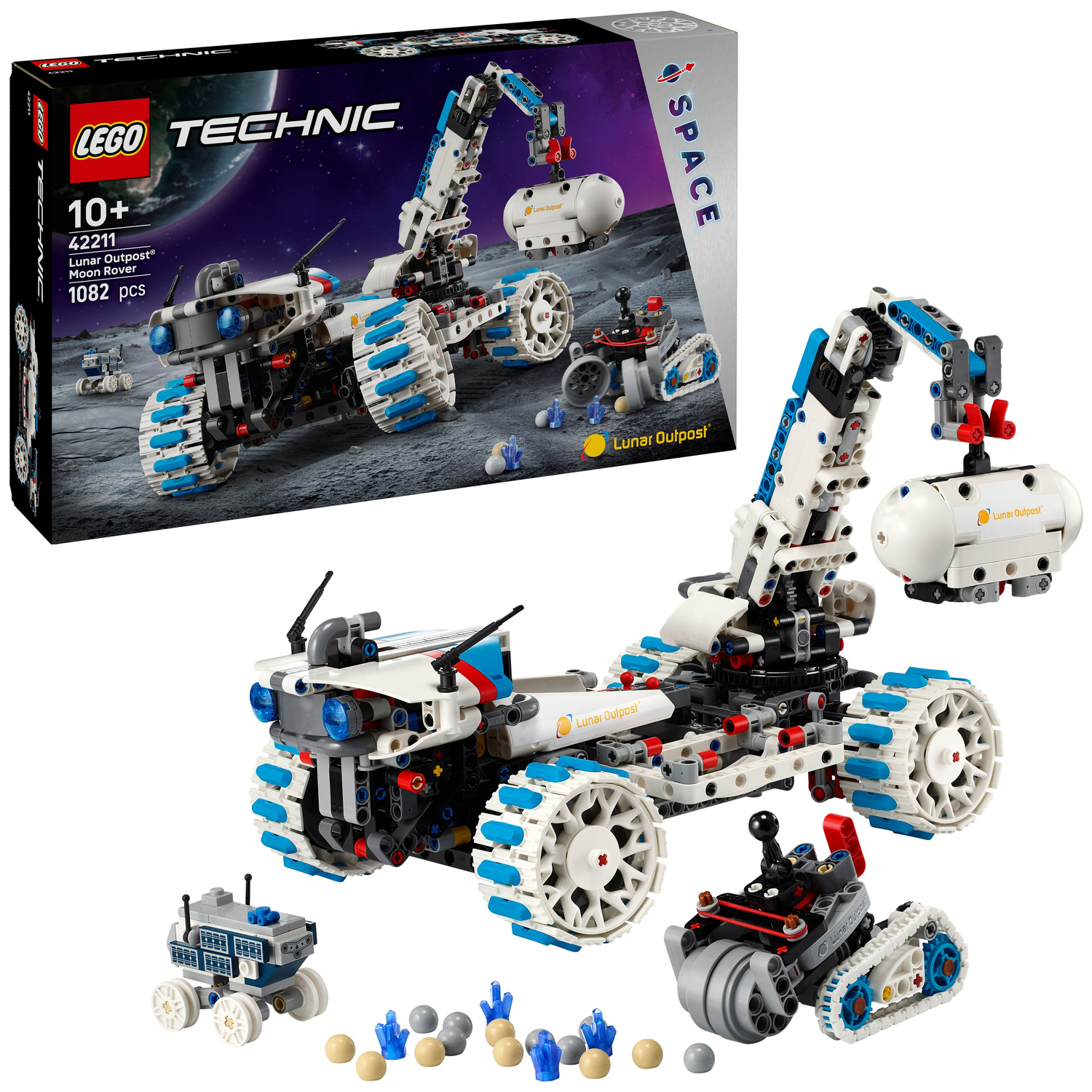 A Lego Technic Lunar Outpost set. Features a white and blue rover with an extending arm, and other lunar vehicles. Box included.