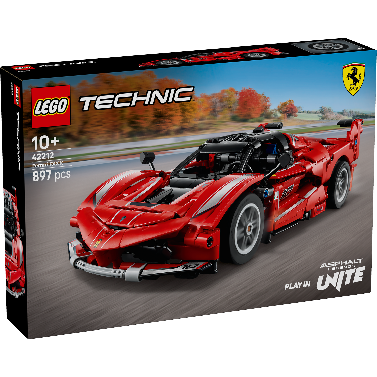 A red Lego Technic Ferrari FXX K car is displayed on its box. The box has the Lego and Technic logos.