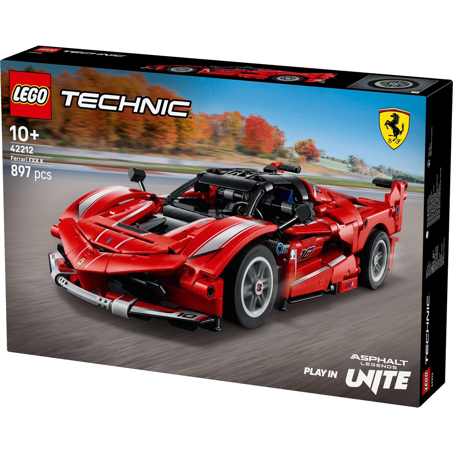 A Lego Technic box shows a red Ferrari FXX K race car model. The background displays a racetrack and autumn trees.