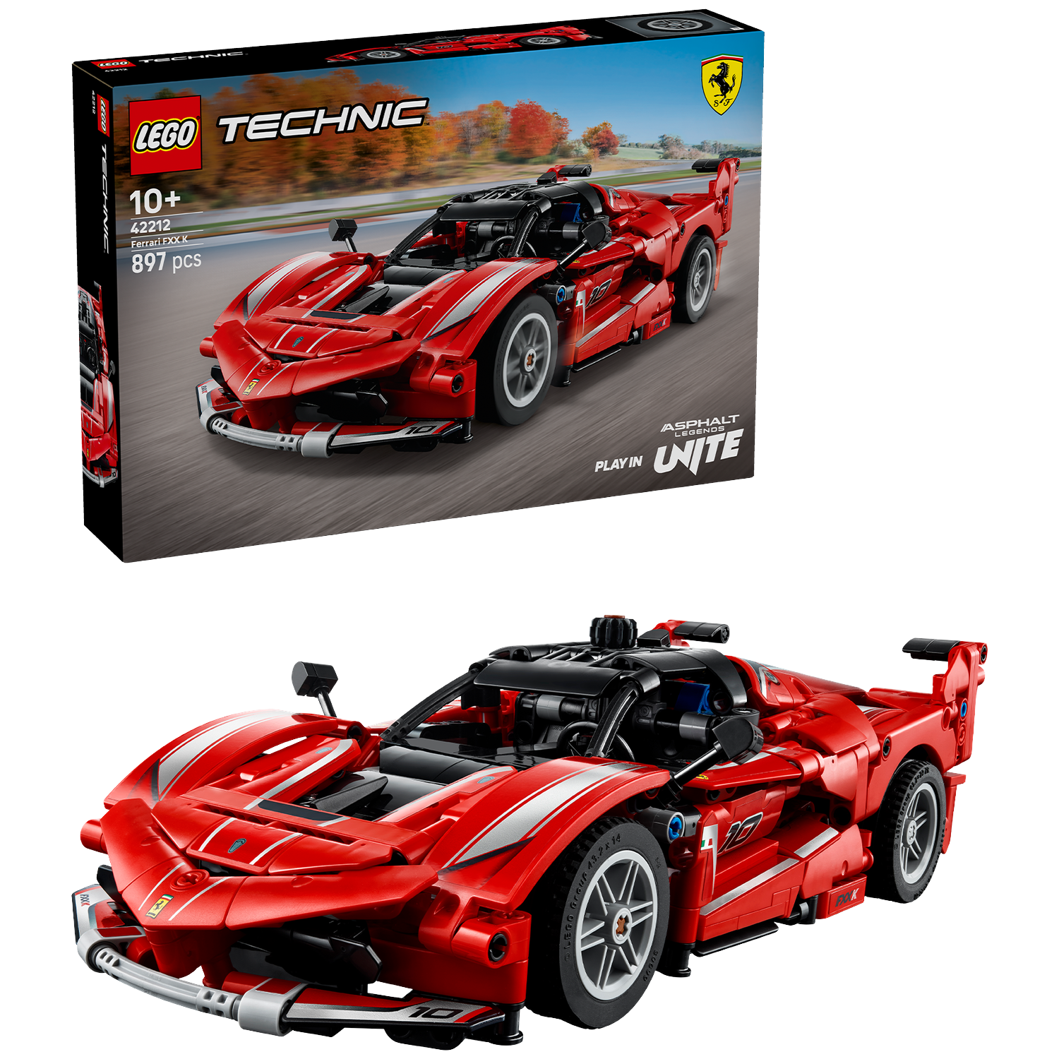 A Lego Technic Ferrari FXX K race car model in red, displayed with its box. The car is on a white surface.