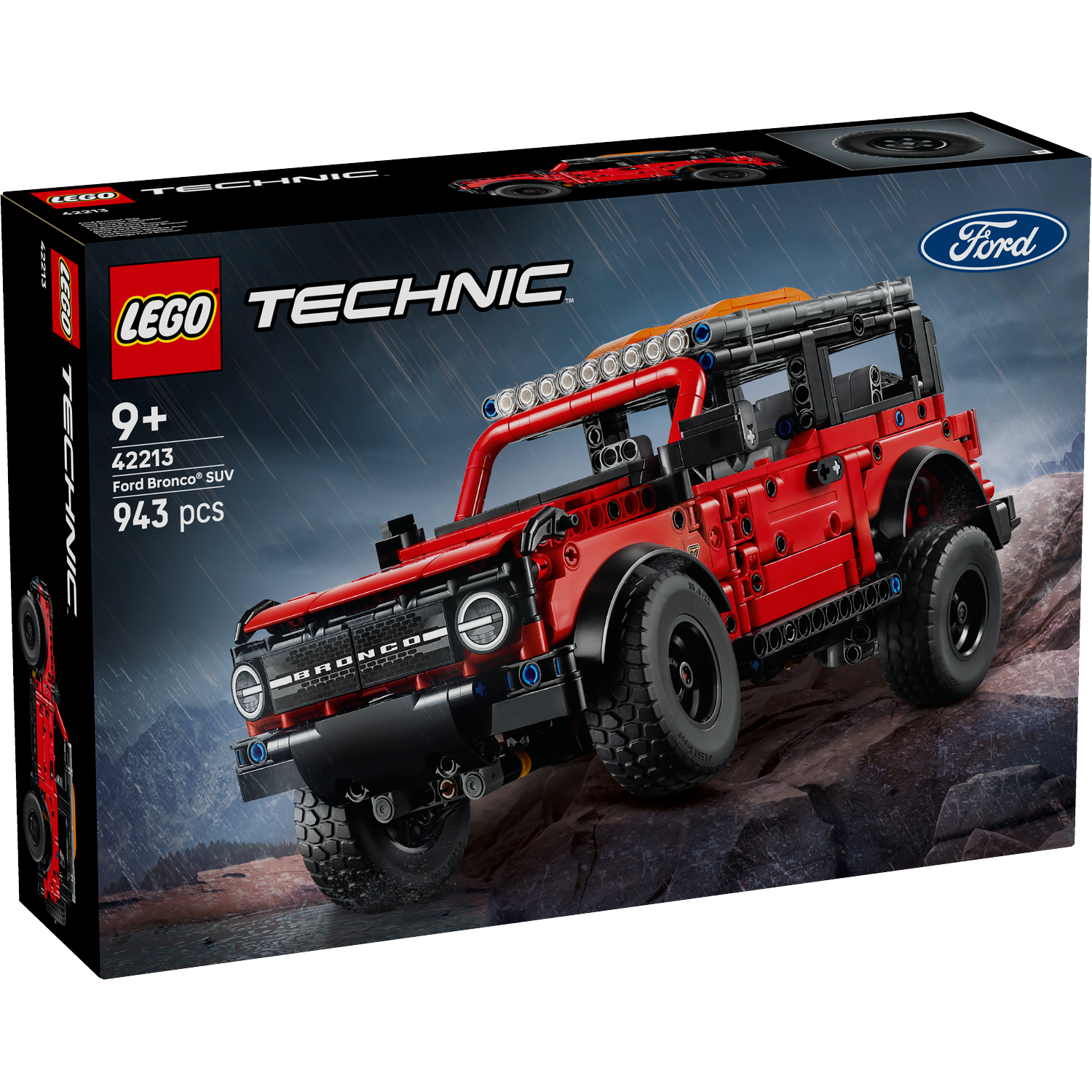 A Lego Technic box shows a red Ford Bronco SUV model. The box features the Lego and Ford logos, and the model is on a rocky terrain.