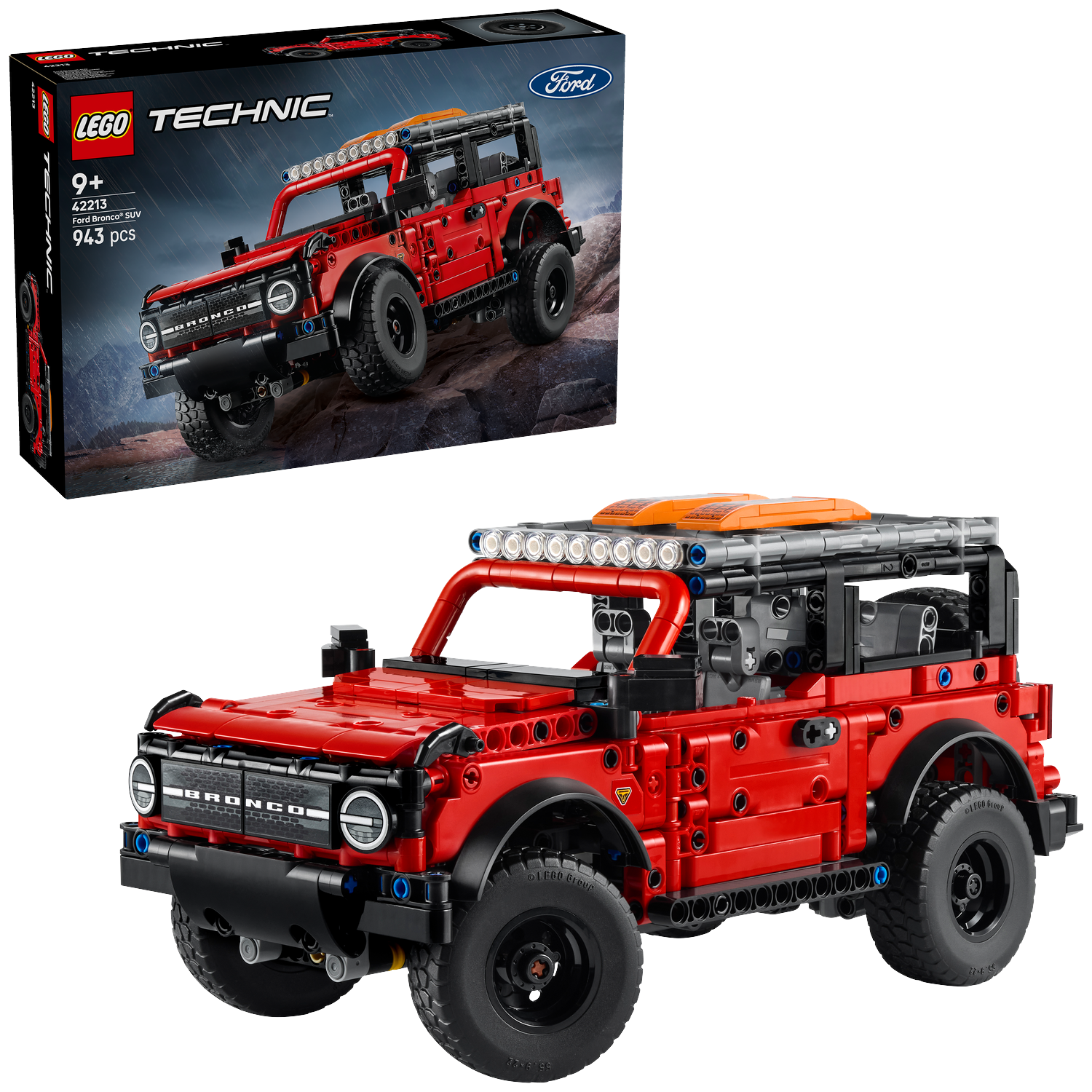 A red LEGO Technic Ford Bronco SUV model kit is displayed. The box shows the model on a rocky terrain. The model is also shown assembled.