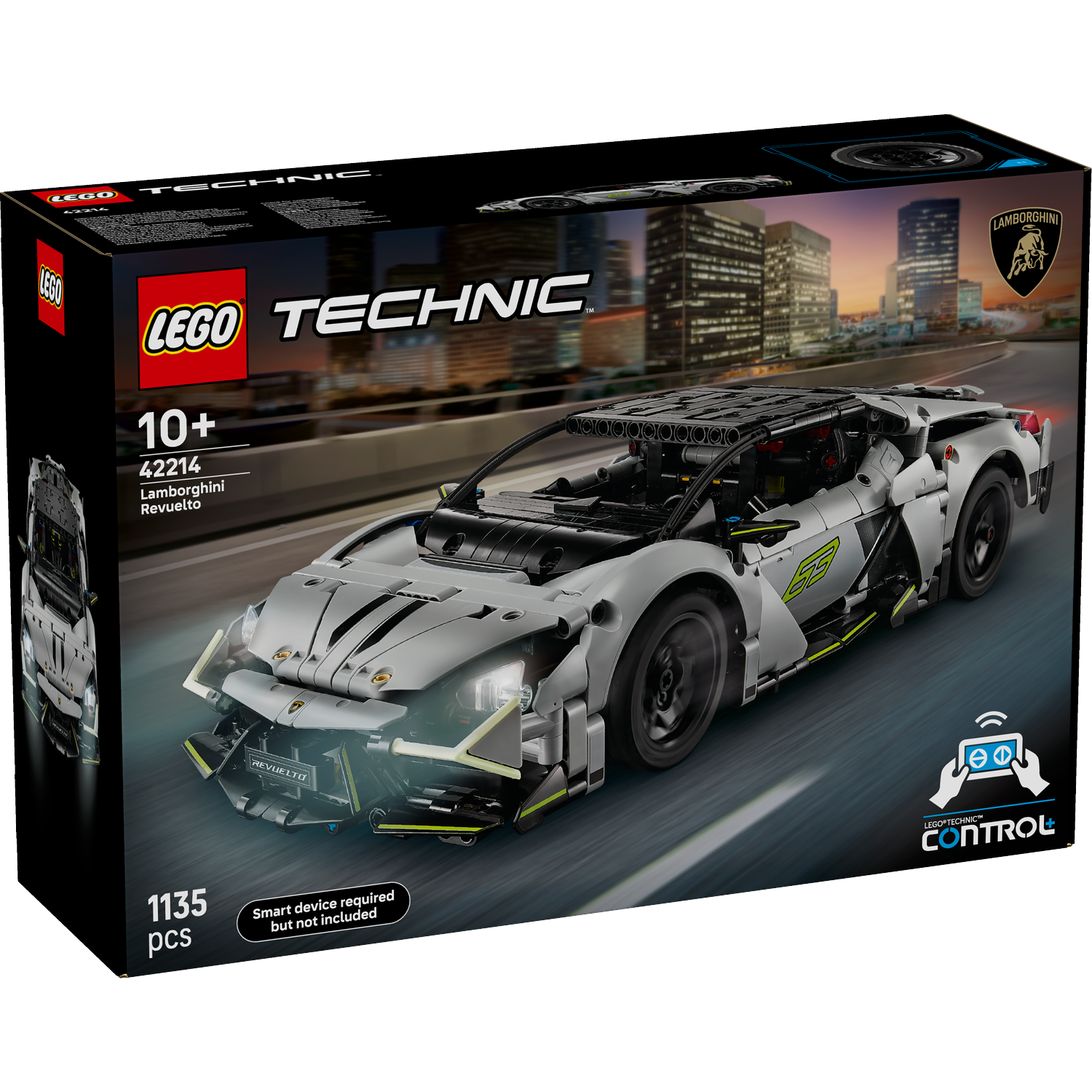 A Lego Technic box shows a white Lamborghini Revuelto model car. The background shows a city at night.