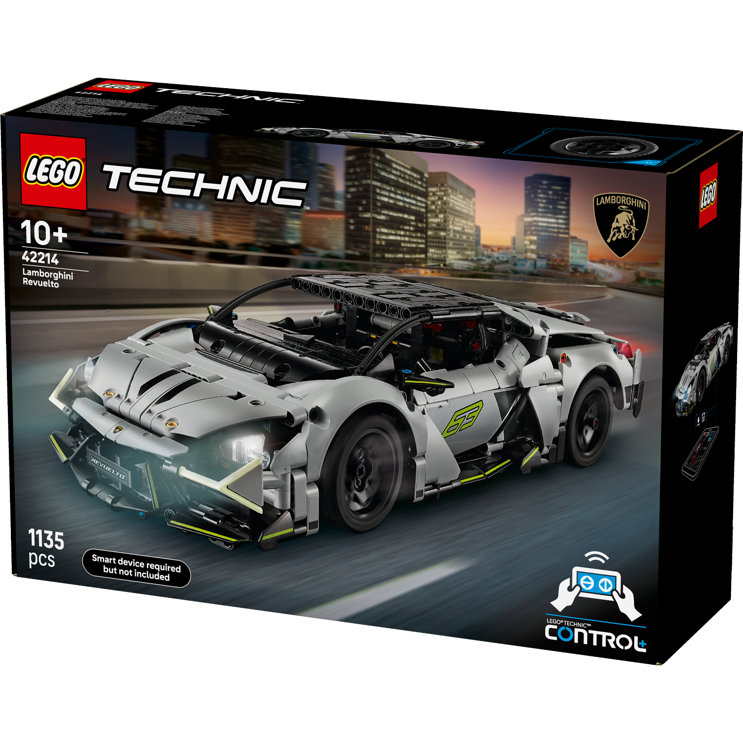 A Lego Technic Lamborghini Revuelto set box. The model car is silver with black accents. The background features a city.