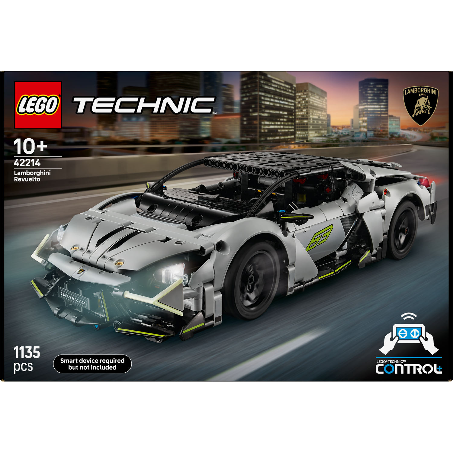 A Lego Technic Lamborghini Revuelto model is on display. It's silver, with black tires and accents. The box shows a city background.