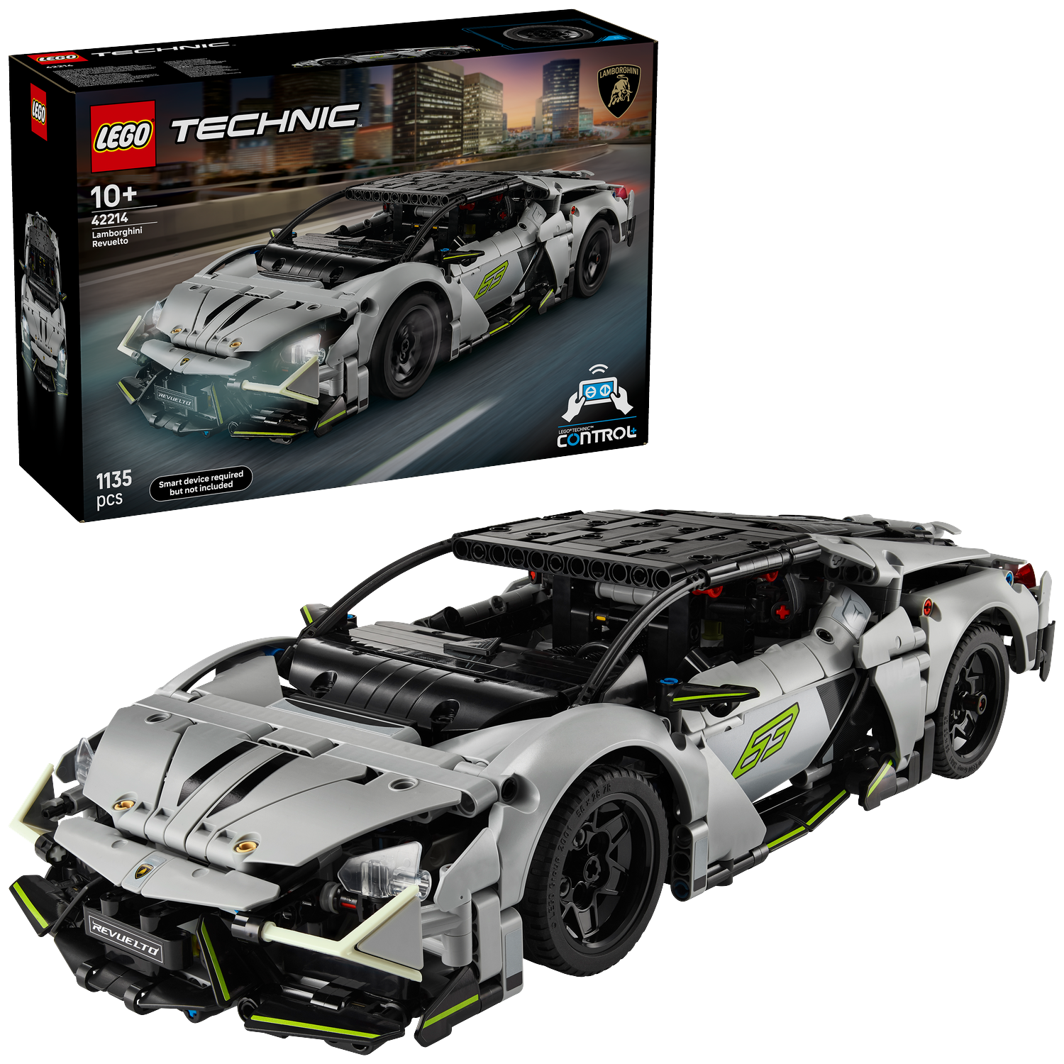 A Lego Technic Lamborghini Revuelto car model in silver with black accents. The box is shown with the car, city background.