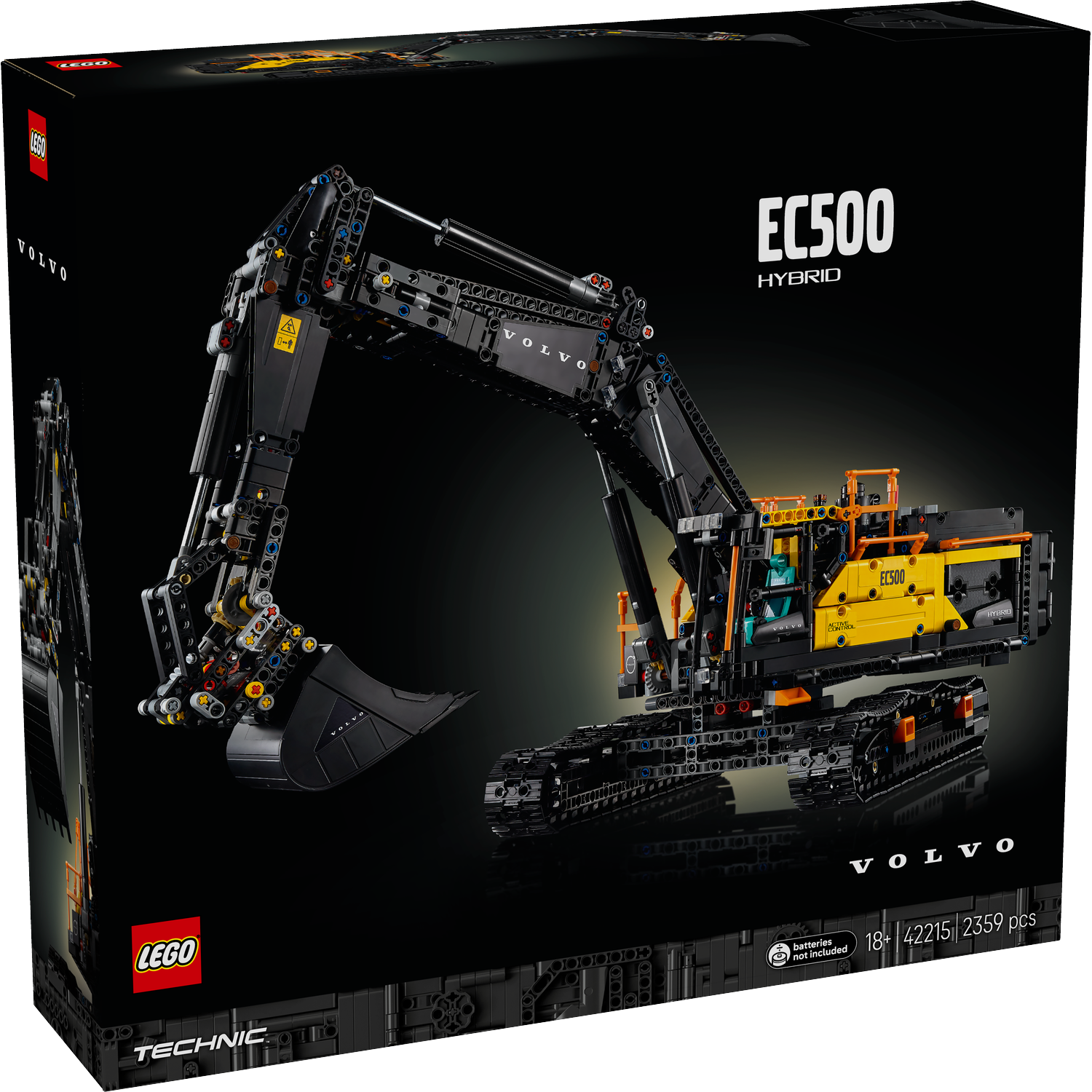 Een Lego Technic doos toont een zwart-geel Volvo EC500 Hybrid graafmachine model. De doos heeft de Lego- en Volvo-logo's.
