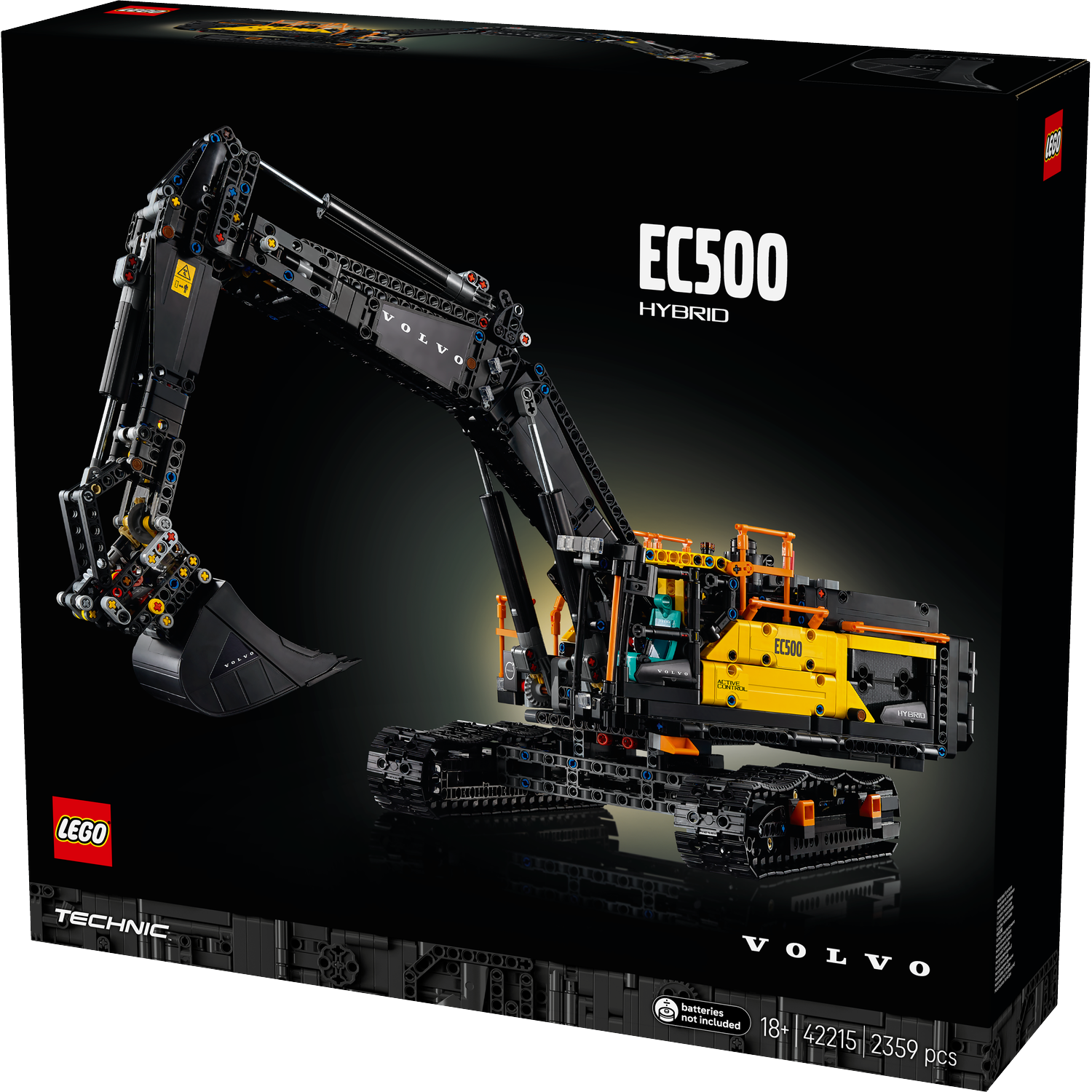 Een Lego Technic EC500 hybride graafmachine set wordt getoond op een zwarte doos. De graafmachine is zwart en geel met het Volvo-logo.