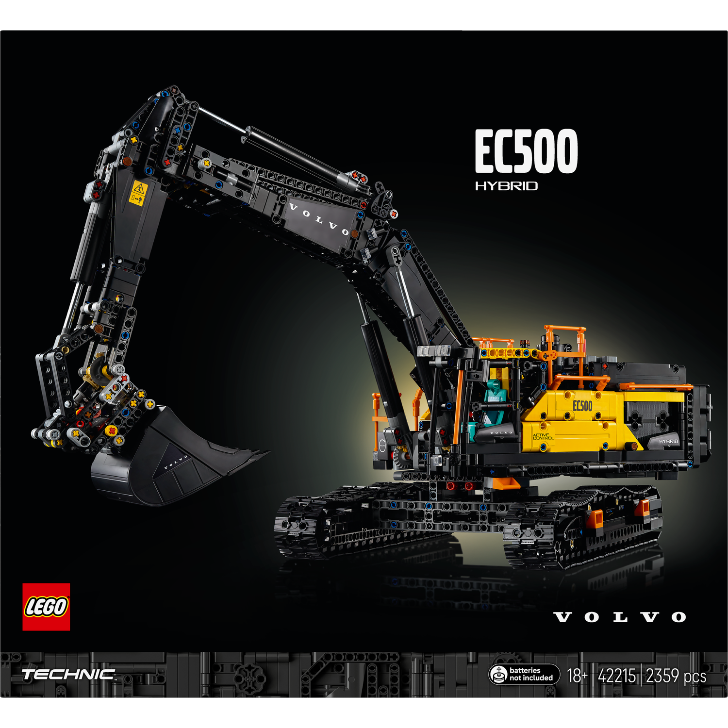 Een Lego Technic EC500 Hybrid Volvo graafmachine wordt getoond. Het is zwart en geel op een zwarte achtergrond. Het Lego-logo is zichtbaar.