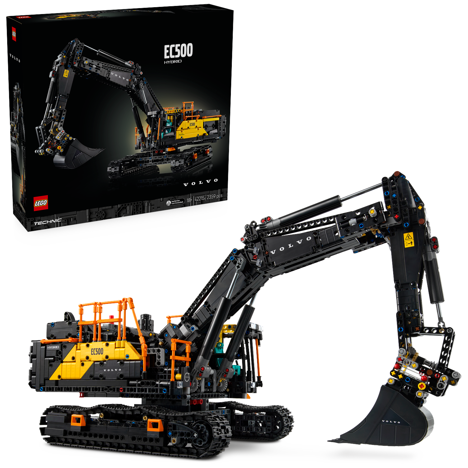 Een Lego Technic Volvo EC500 graafmachine model. Het is zwart en geel met oranje accenten. Er is een doos op de achtergrond.