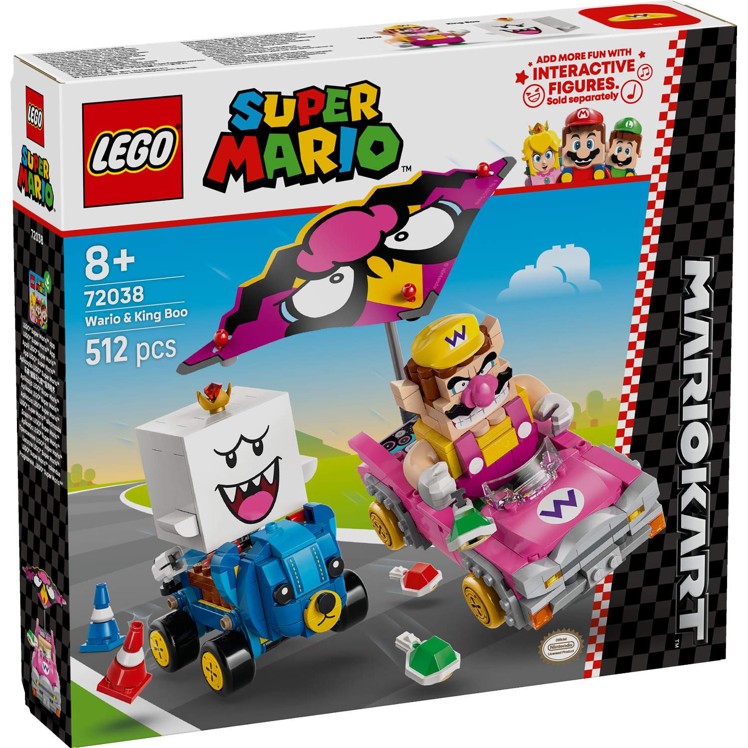 Lego Super Mario box. Wario and King Boo figures in kart racers. The box says 8+, 72038, 512 pcs. Mario Kart logo is visible.